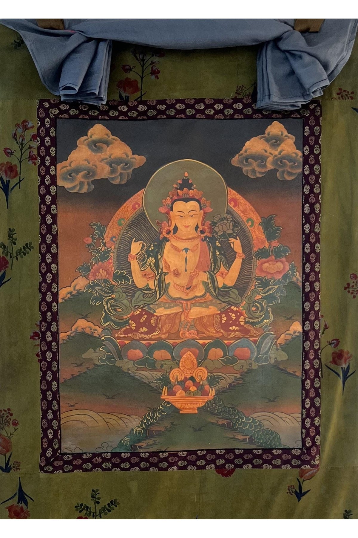 Hand-Painted Avalokiteshvara Thangka: Old Oiled Chenrezig Art, Cotton Brocade