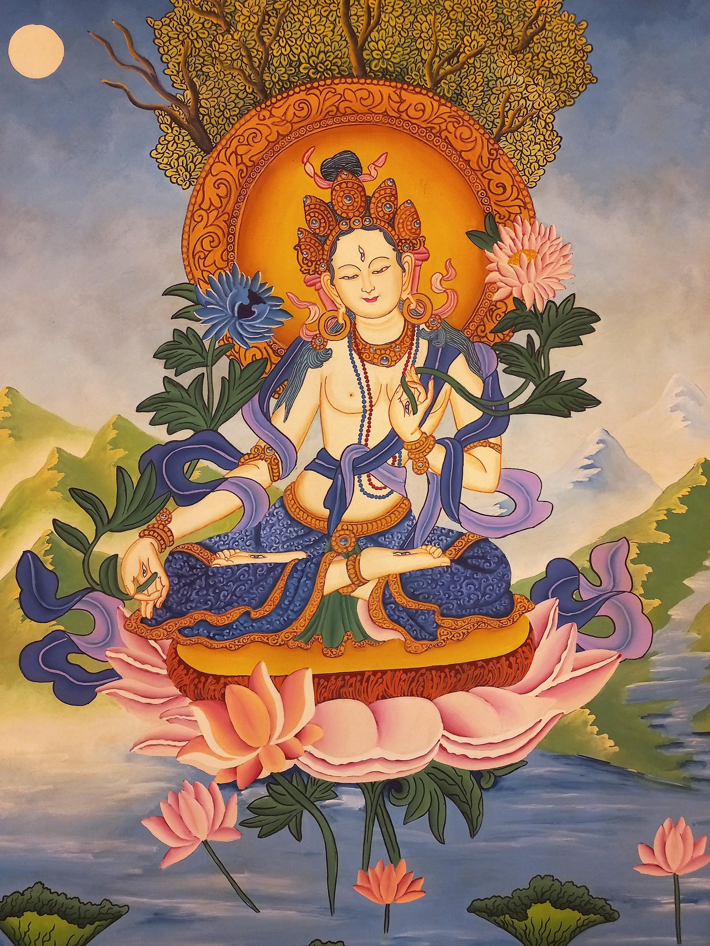 Hand-Painted White Tara Thangka: Newari Buddhist Art from Nepal