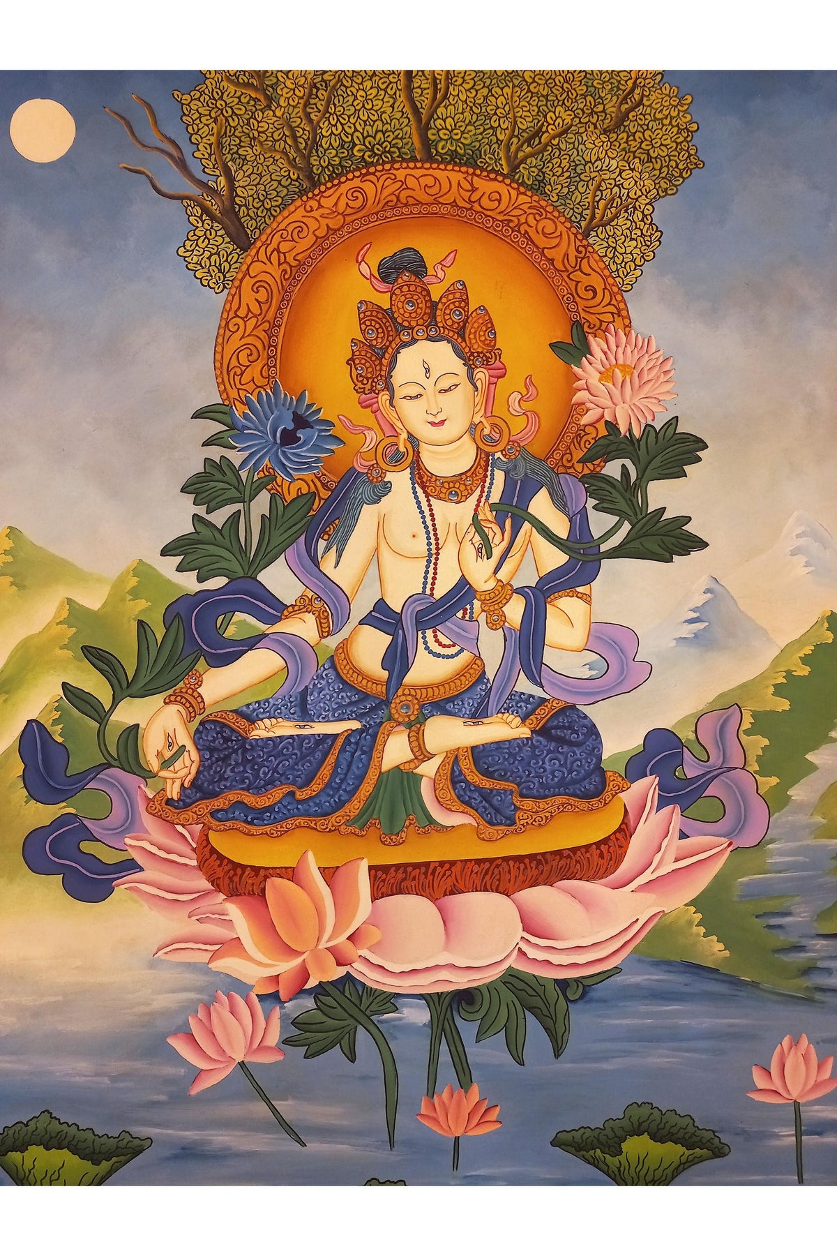 Hand-Painted White Tara Thangka: Newari Buddhist Art from Nepal
