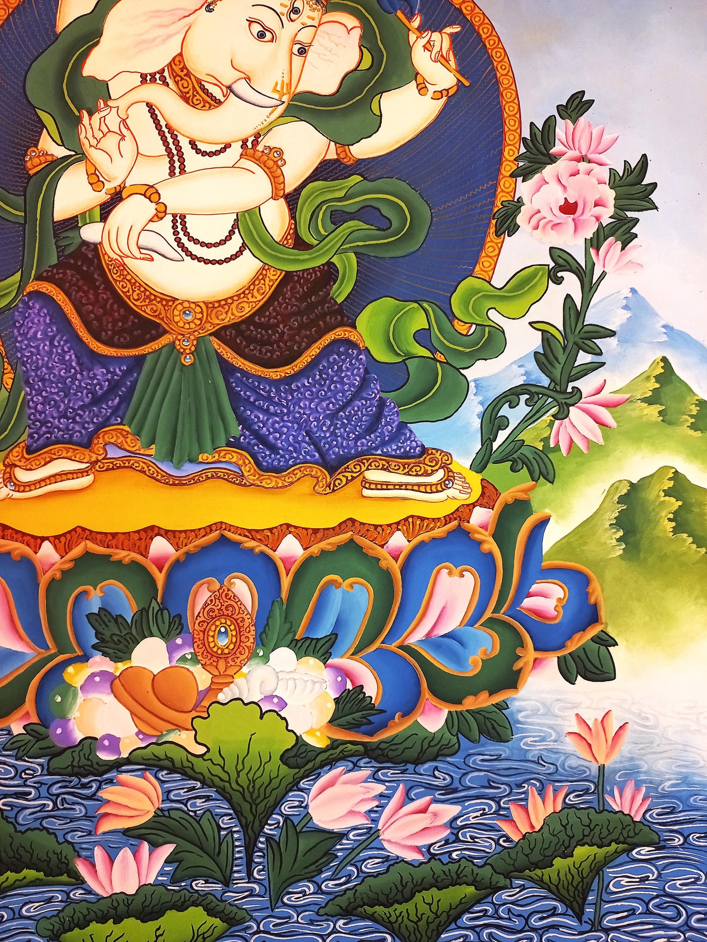 Hand-Painted Newari Ganesha Painting, Smoky Paubha Art on Cotton Canvas