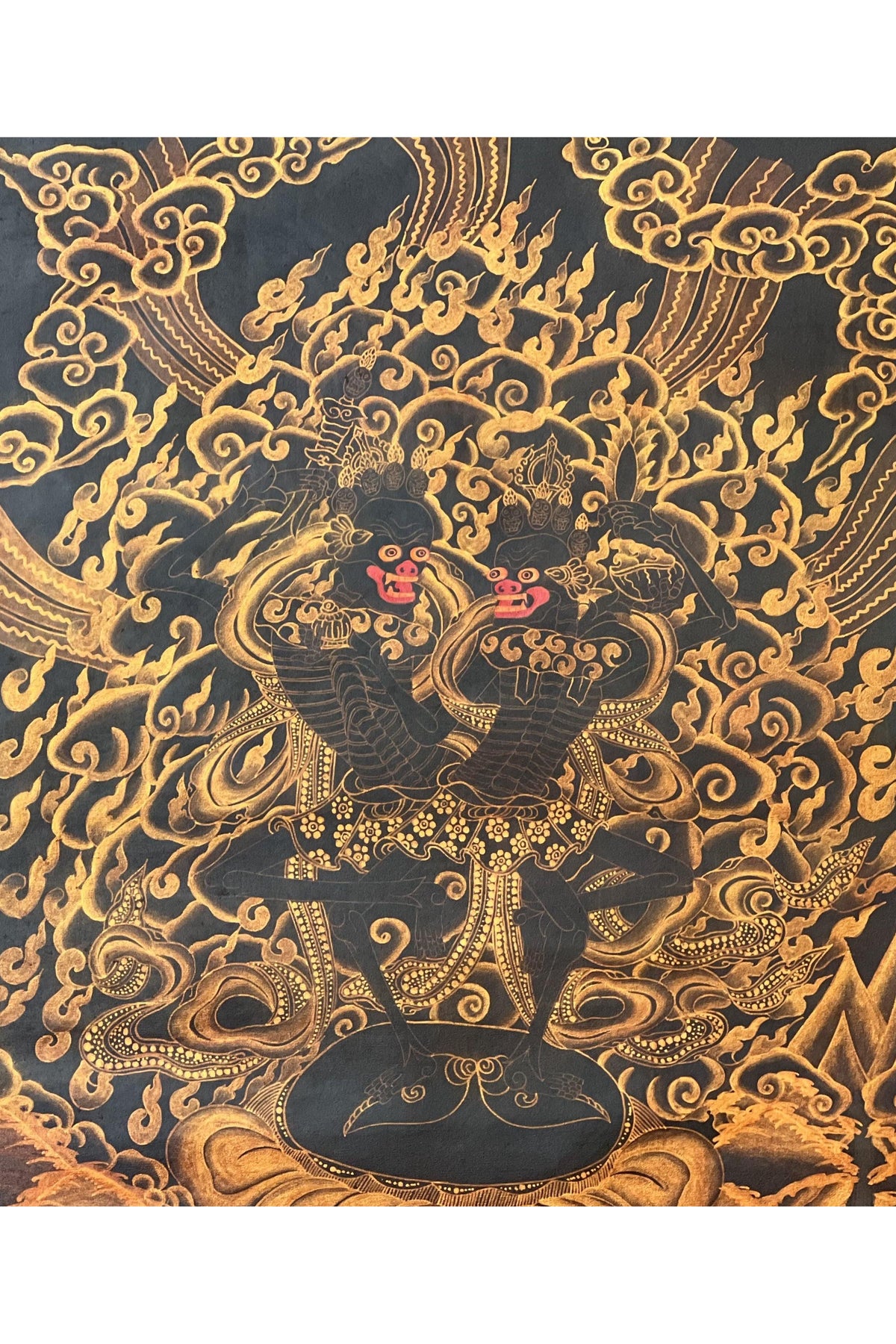 Hand-Painted Citipati Thangka: Black and Gold Vajrayogini Painting
