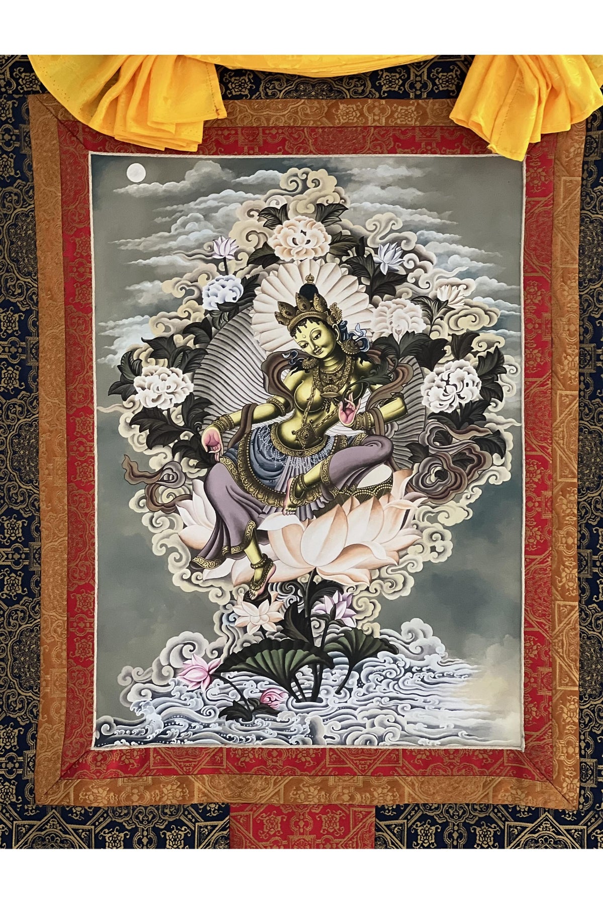Green Tara Thangka Giclée Print – Newari Paubha, Silk Brocade