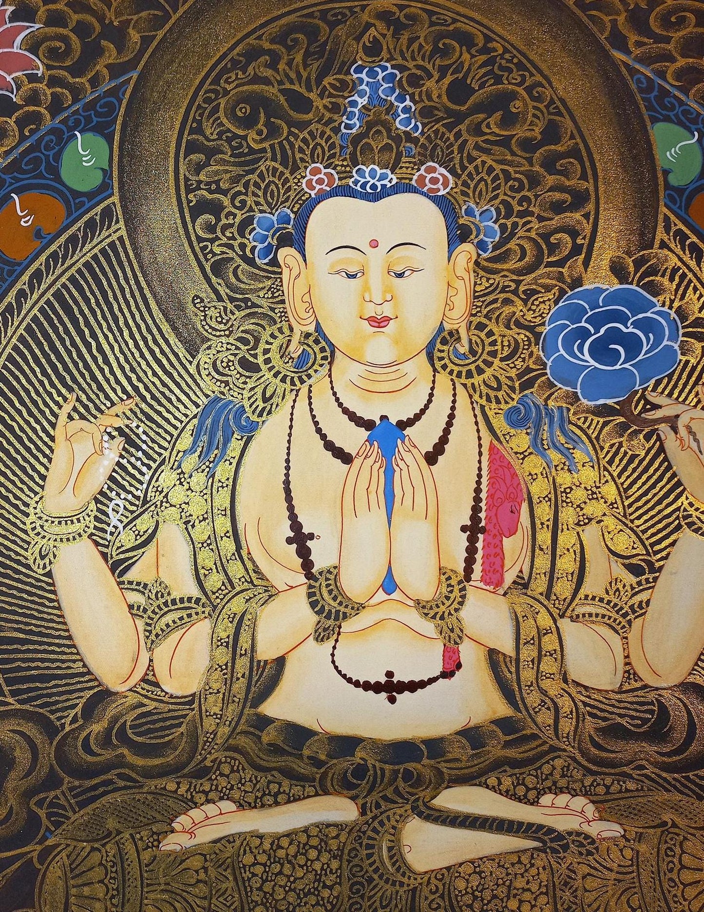 Hand-Painted Chenrezig Thangka: Avalokiteshvara Bodhisattva, Tibetan Art
