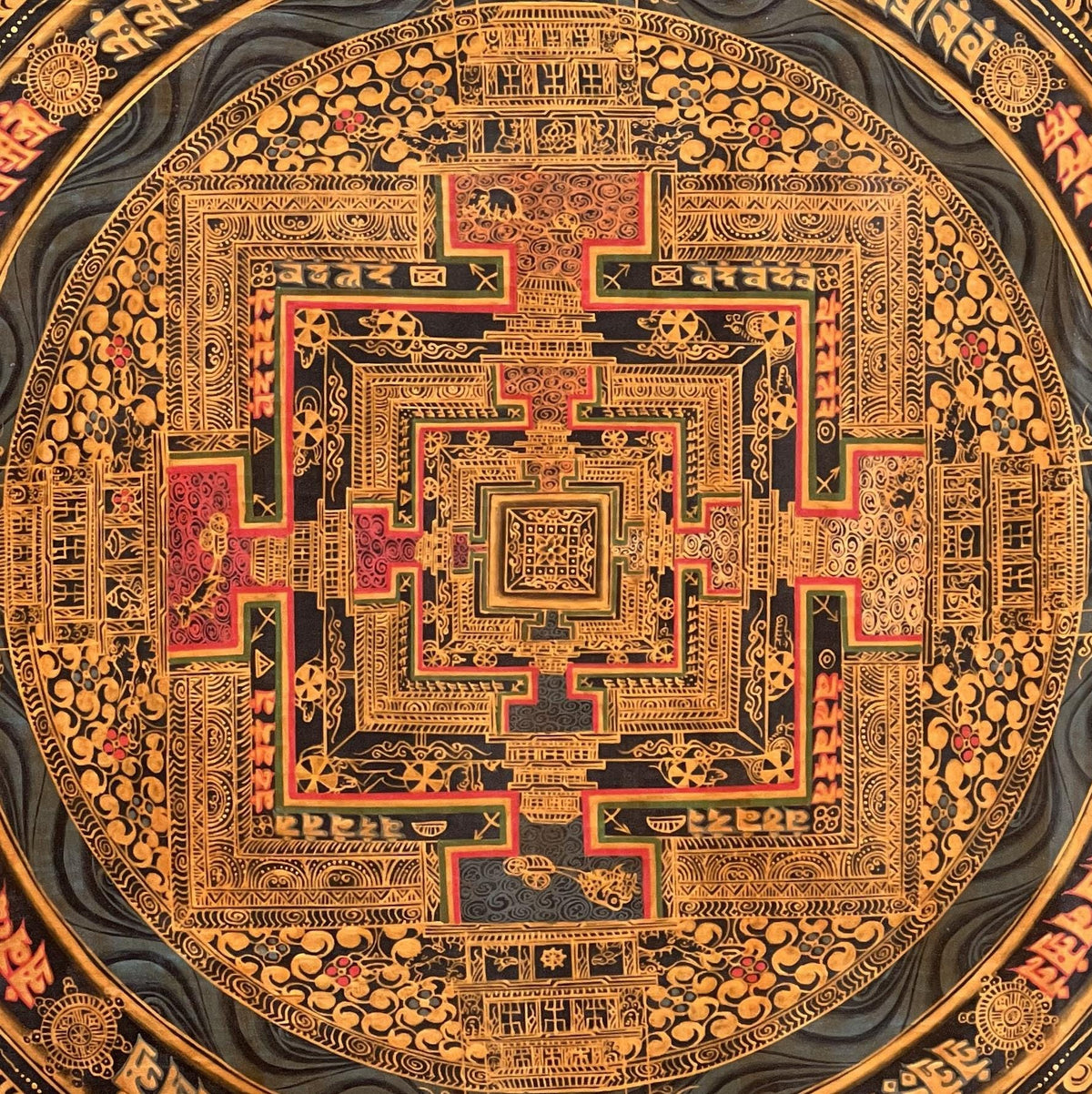 Kalachakra Mandala Thangka Painting, Black and Gold Meditation Art