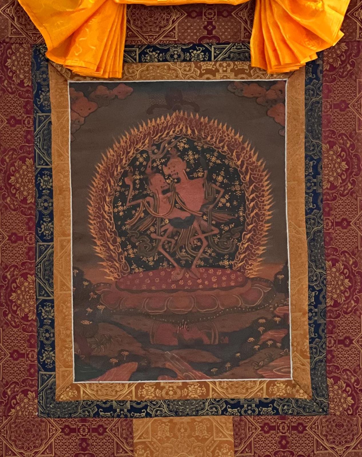 Citipati Thangka Painting: Tibetan Dancing Couple Art with Silk Brocade