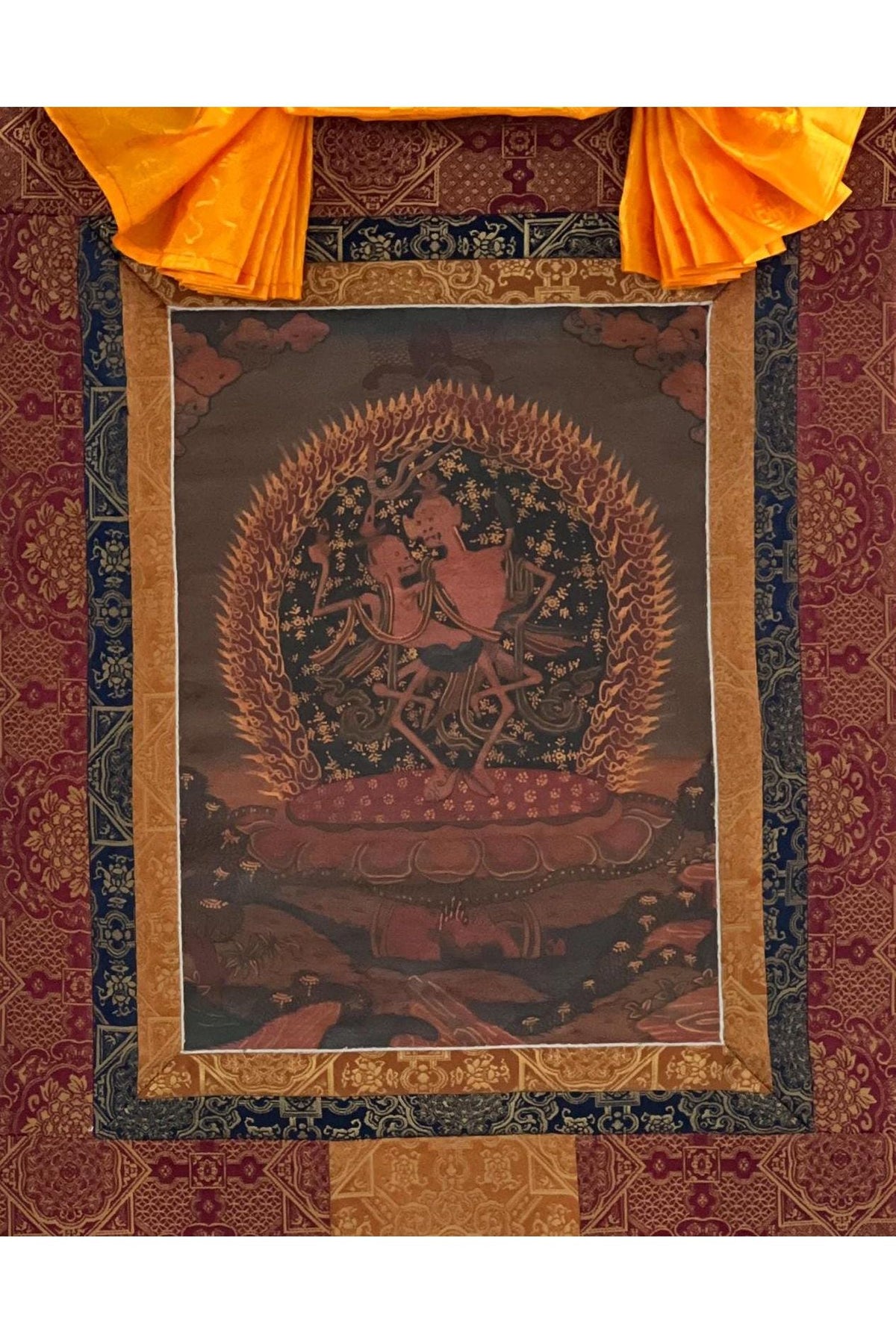 Citipati Thangka Painting: Tibetan Dancing Couple Art with Silk Brocade