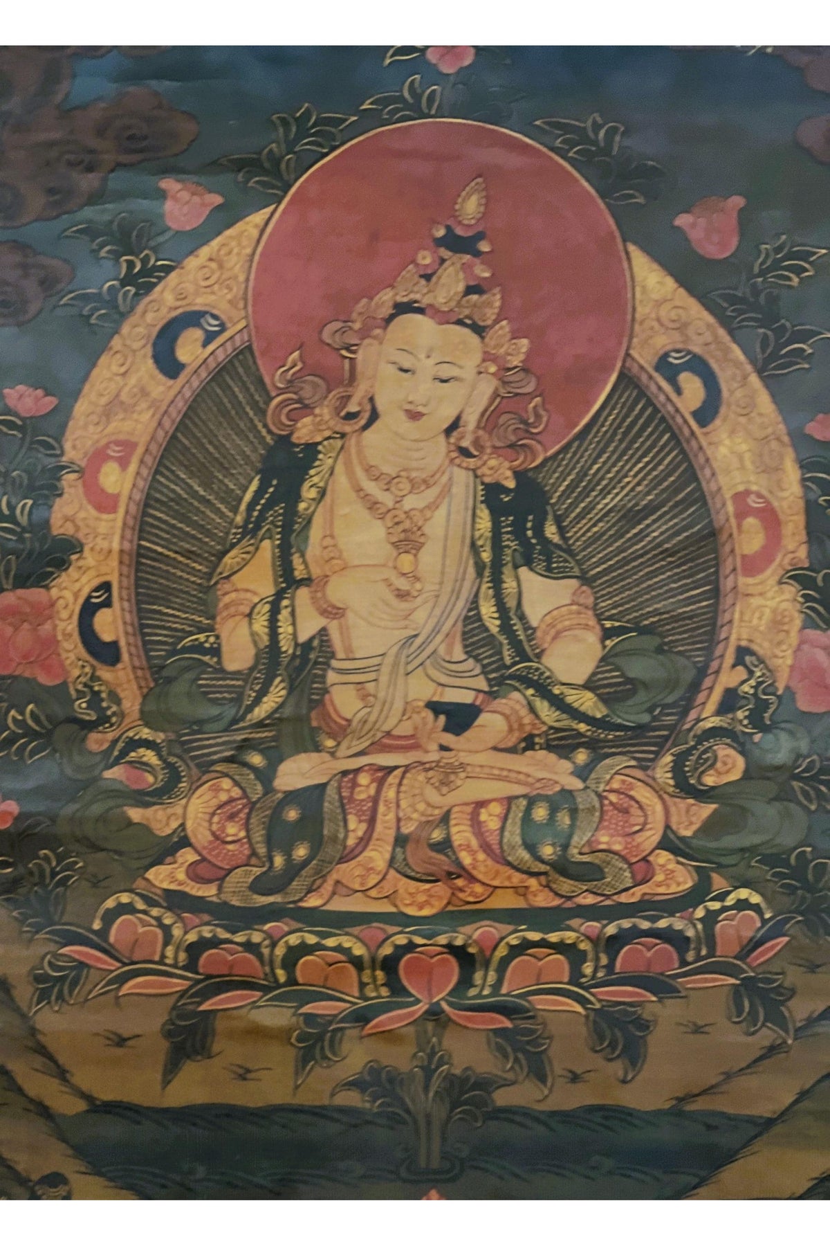 Old Oil Varnished Vajrasattva Thangka | Tibetan Buddhist Art | Hand-Painted Sacred Painting | Silk Brocade Frame