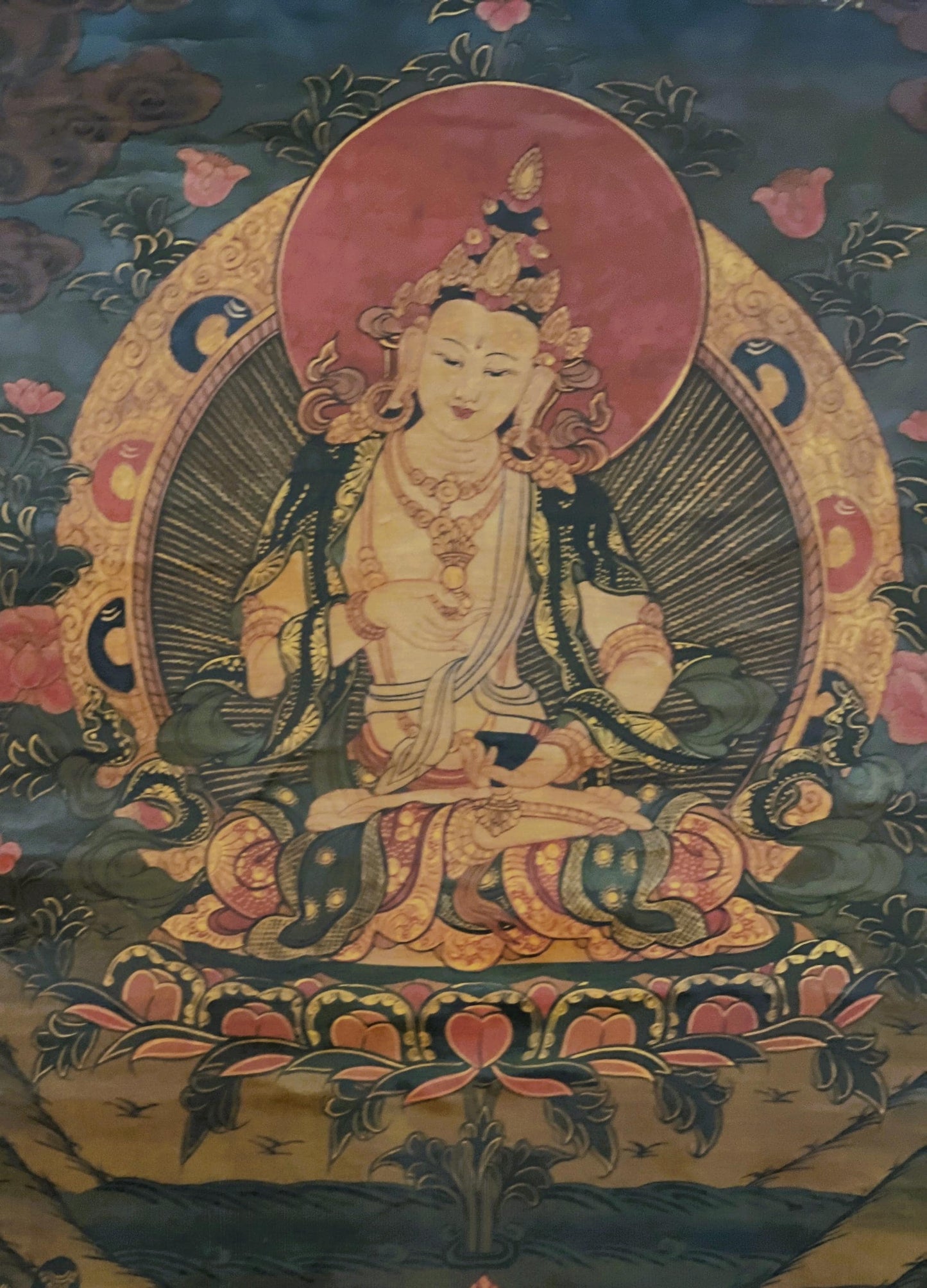 Old Oil Varnished Vajrasattva Thangka | Tibetan Buddhist Art | Hand-Painted Sacred Painting | Silk Brocade Frame