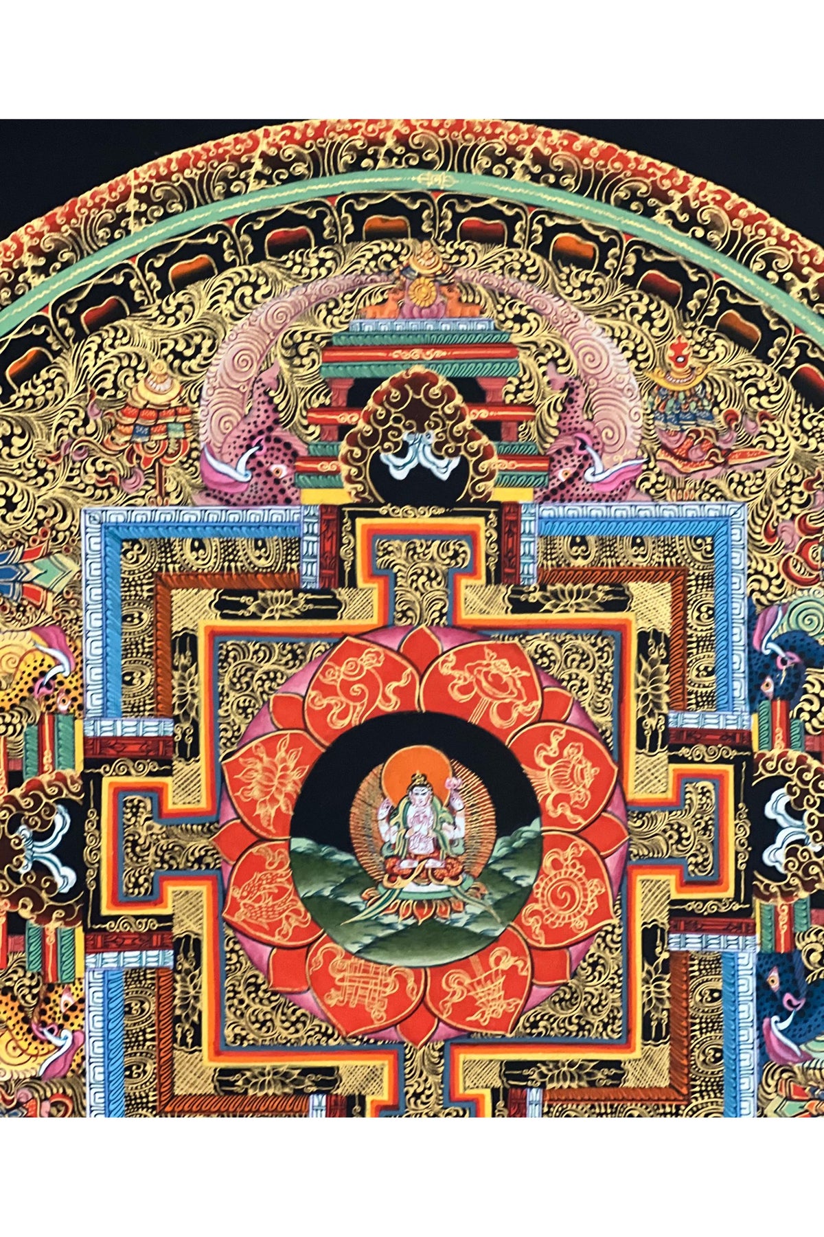 Hand-Painted Avalokiteshvara Thangka – 24K Gold Mandala, Silk Brocade