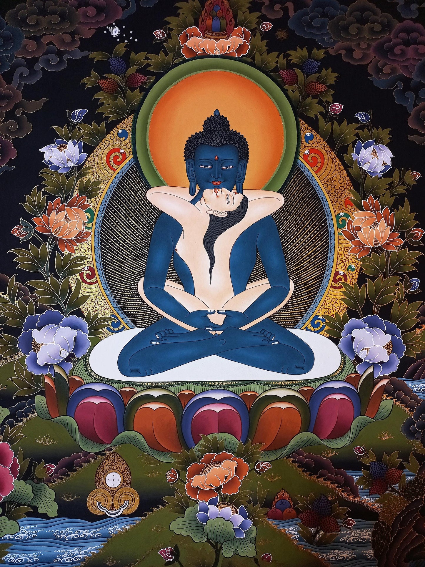 24K Gold Samantabhadra Thangka Painting - Tibetan Yab-Yum Art
