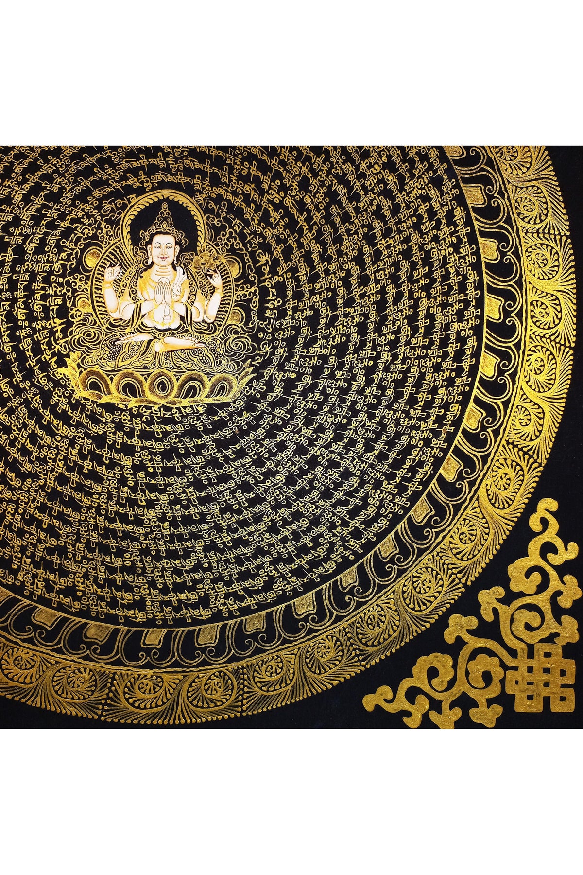 Hand-Painted Chenrezig Mandala, Black and Gold Tibetan Thangka Art