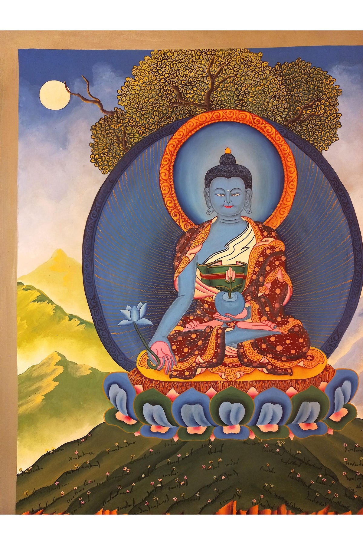 Hand-Painted Smoky Medicine Buddha Thangka | Bhaisajyaguru Tibetan Healing Art | Buddhist Painting