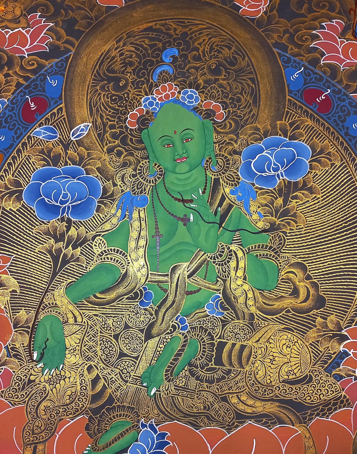 Green Tara Thangka Painting: Hand-painted Tibetan Meditation Art (18x24 Inch)