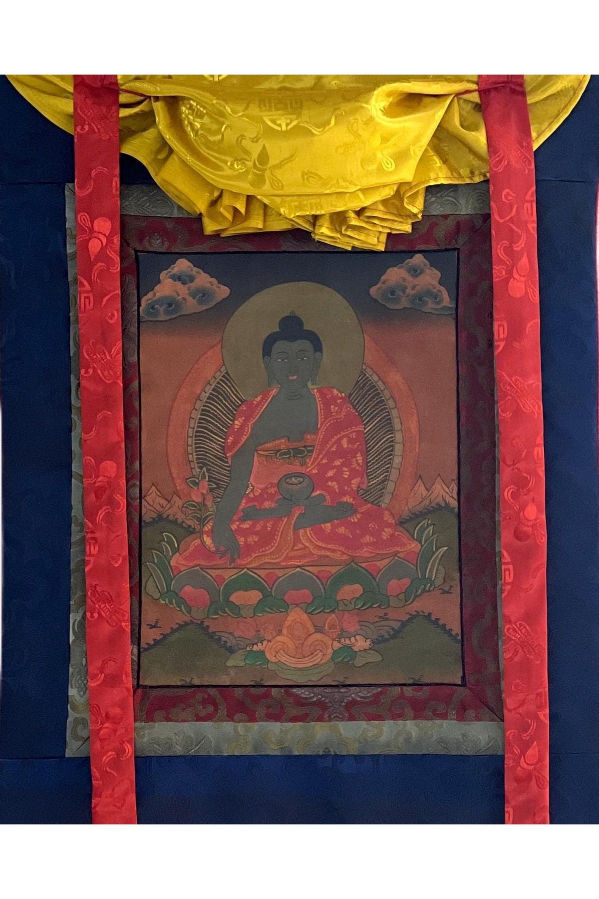 Old Medicine Buddha Thangka Painting with Silk Brocade