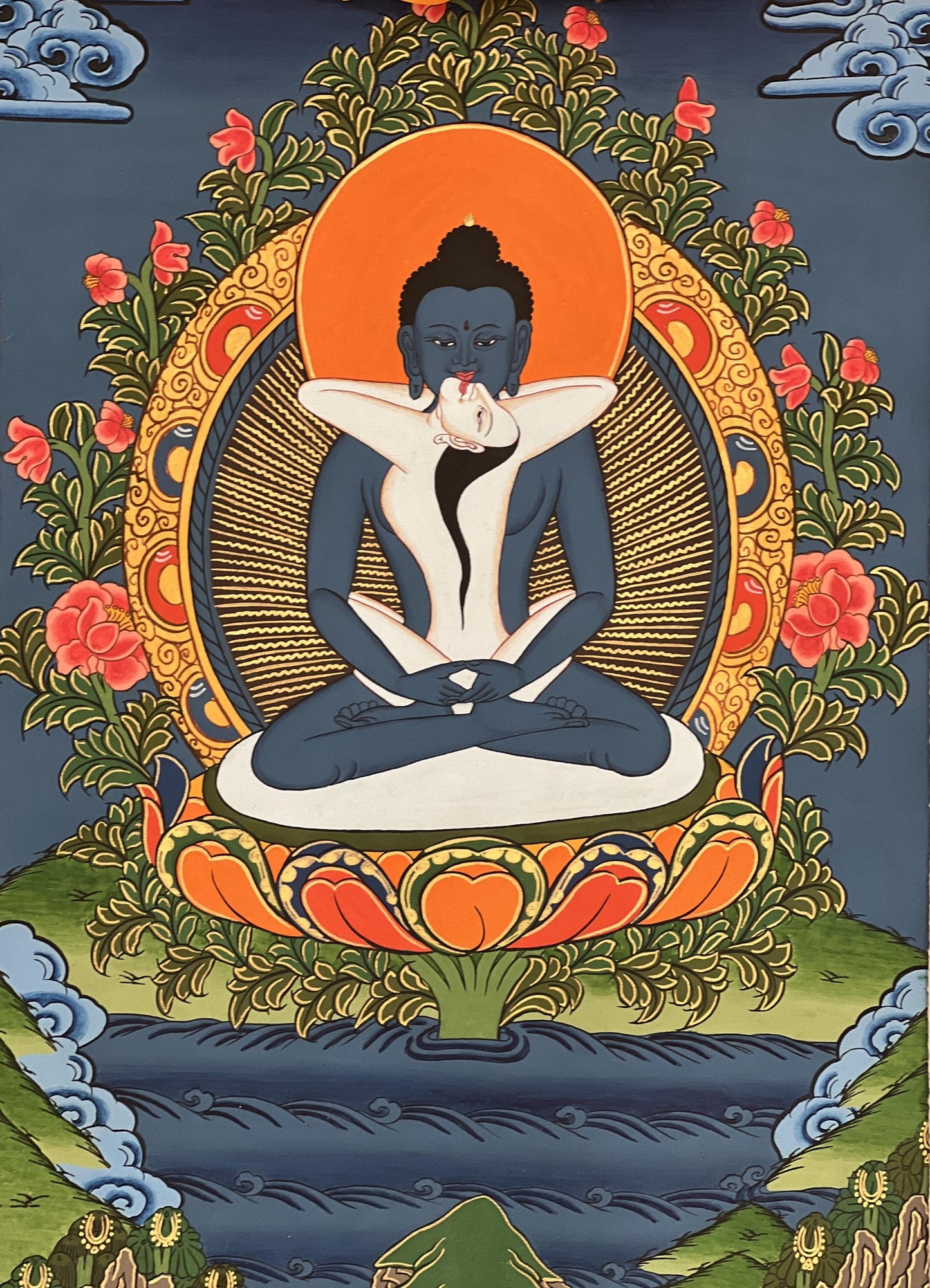 Hand-Painted Tibetan Buddha Thangka | Samantabhadra Yab-Yum Art with Brocade