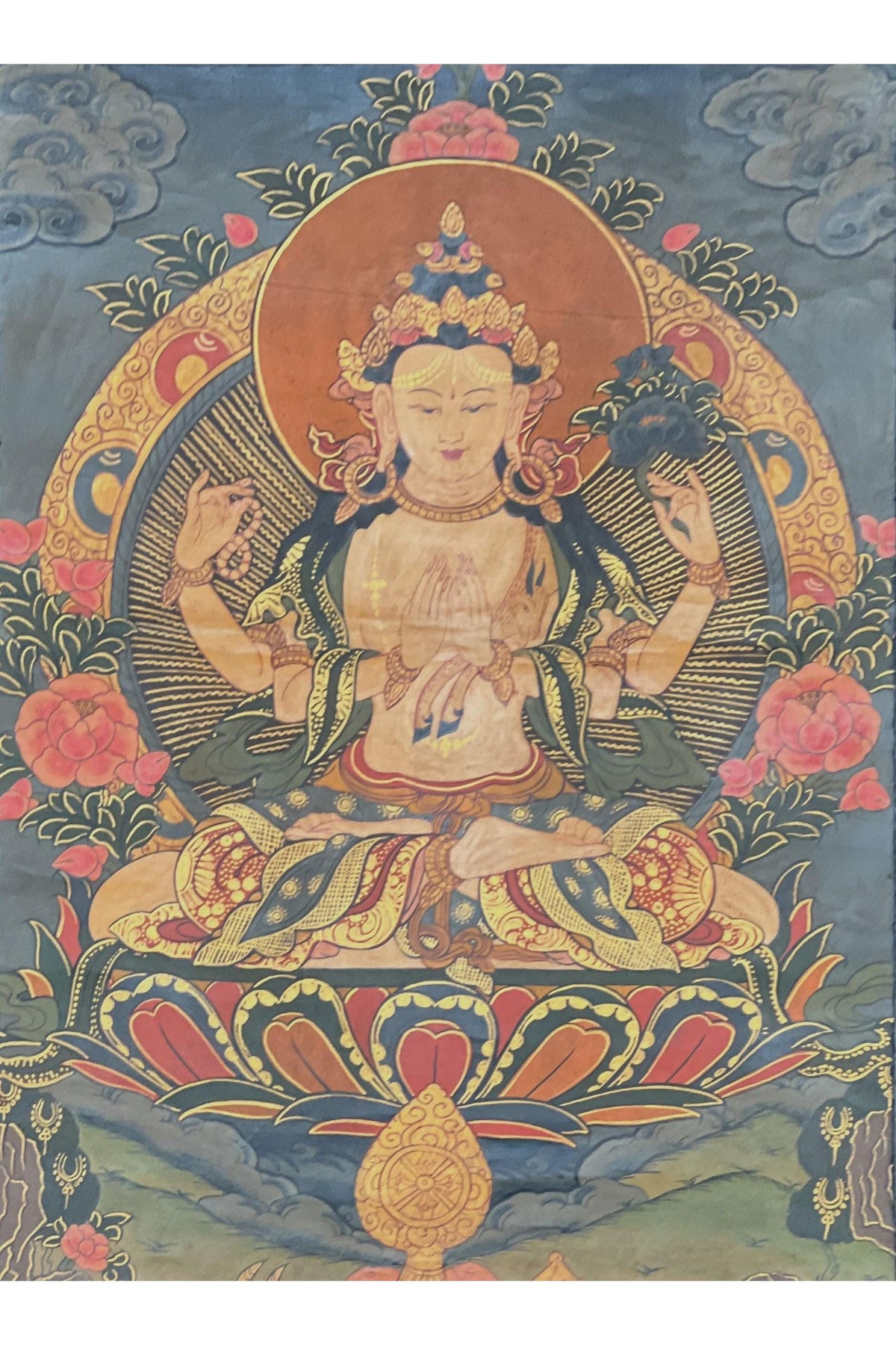 Old Avalokiteshvara Thangka Painting, Hand Painted Tibetan Art with Brocade