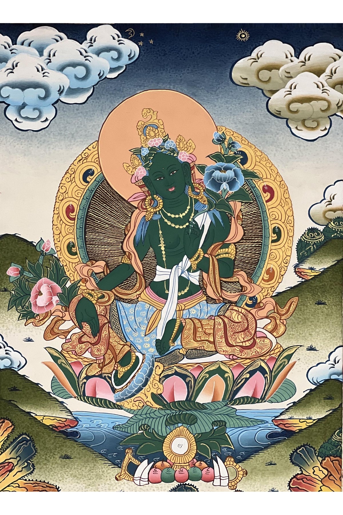 Hand-painted Green Tara Thangka Painting with Silk Brocade