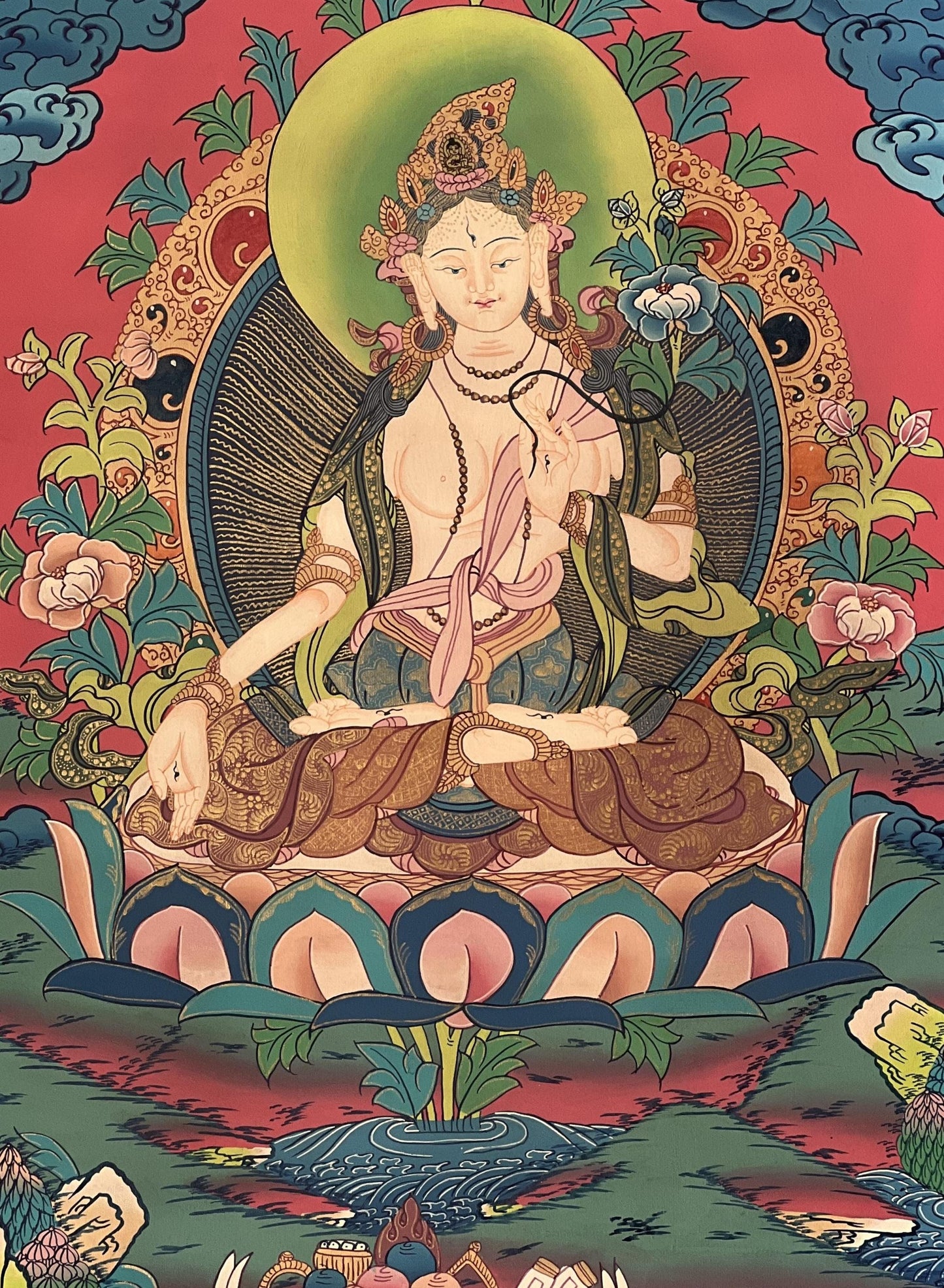White Tara Thangka Painting: Hand-Painted Tibetan Art with Silk Brocade