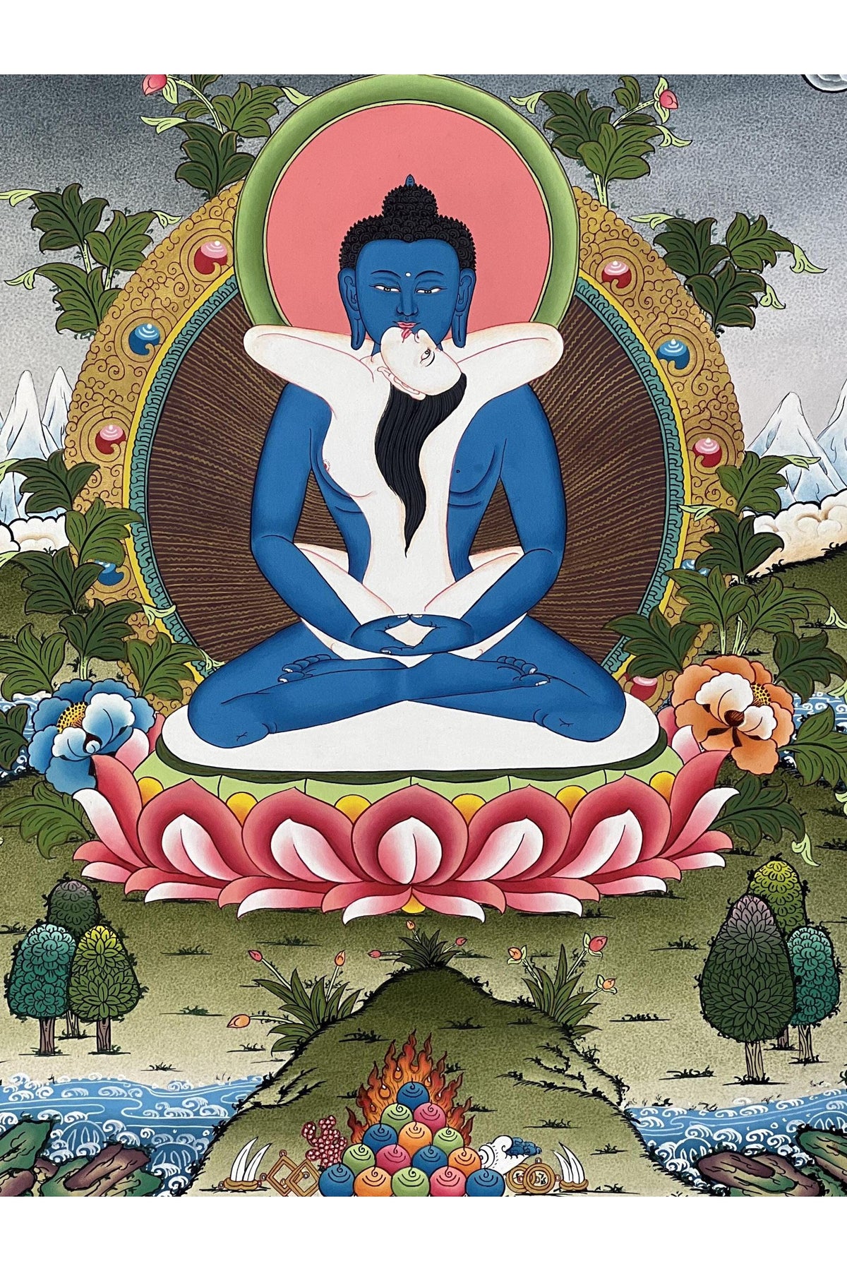 Hand-Painted Buddha Shakti Thangka Painting, Tibetan Art