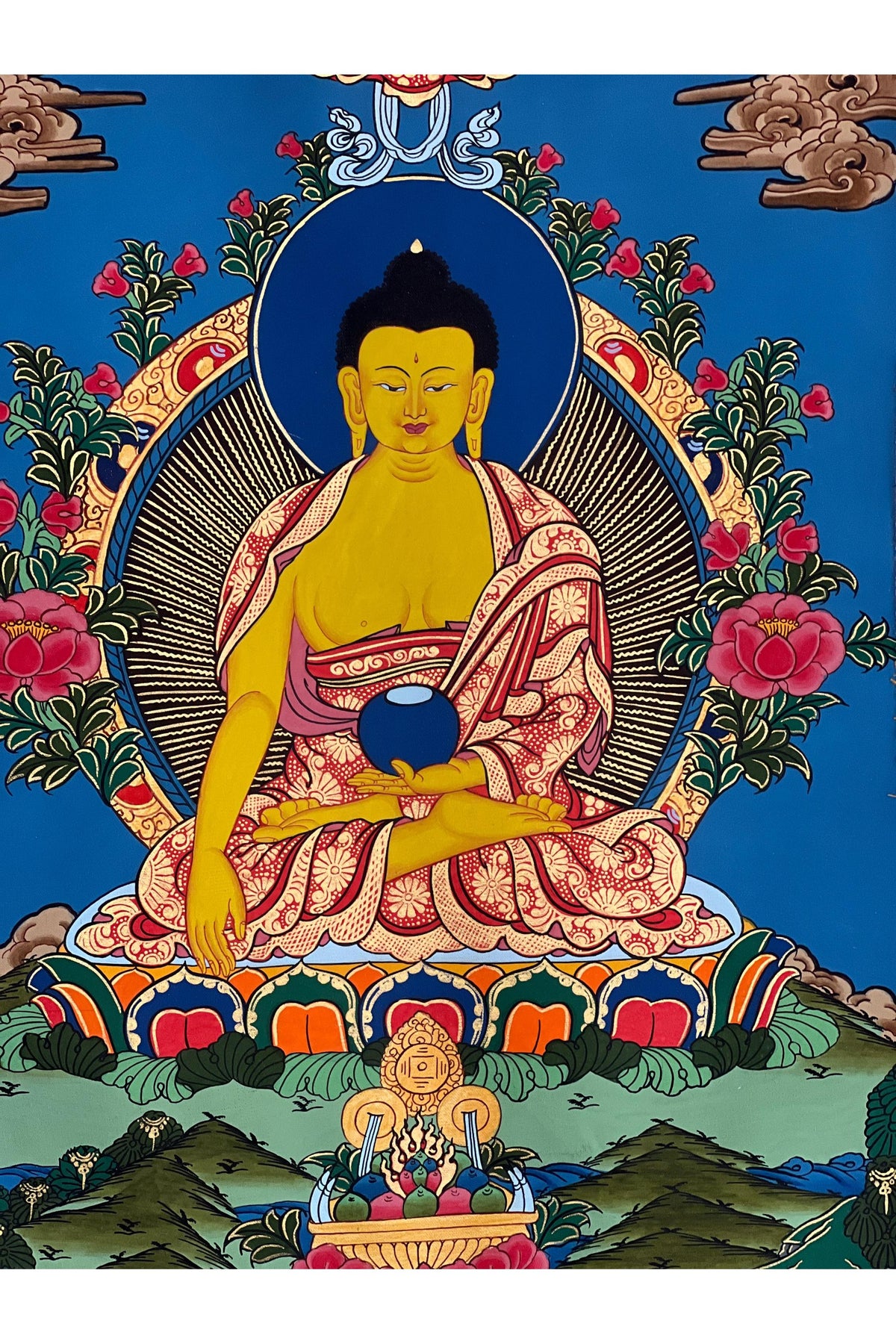Hand-Painted Shakyamuni Buddha Thangka | Silk Framed Meditation Art