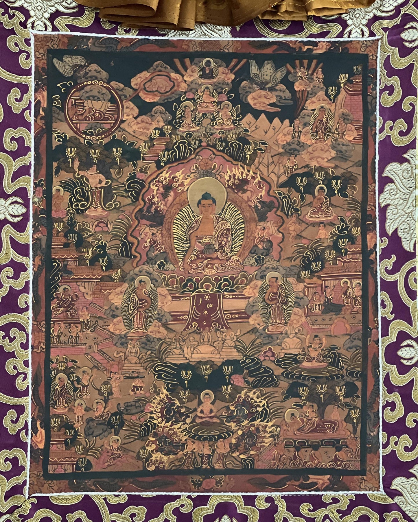 Hand-Painted Buddha Life Mandala Thangka, Oil Varnished with Silk Brocade