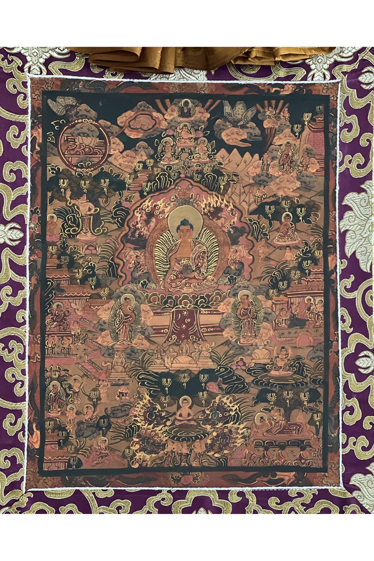 Hand-Painted Buddha Life Mandala Thangka, Oil Varnished with Silk Brocade
