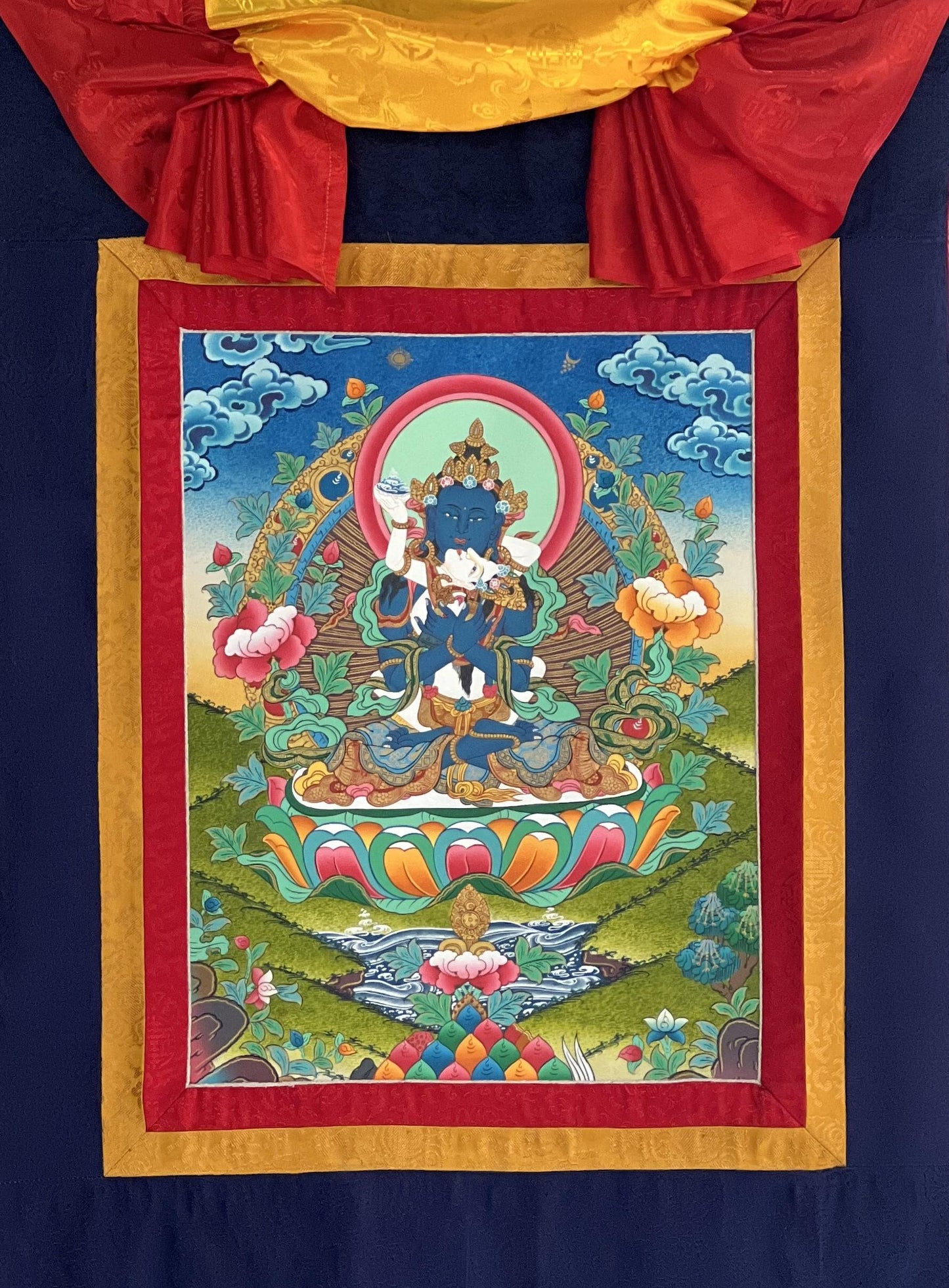 Vajradhara Shakti Thangka Painting, Silk Brocade Framed Tibetan Art