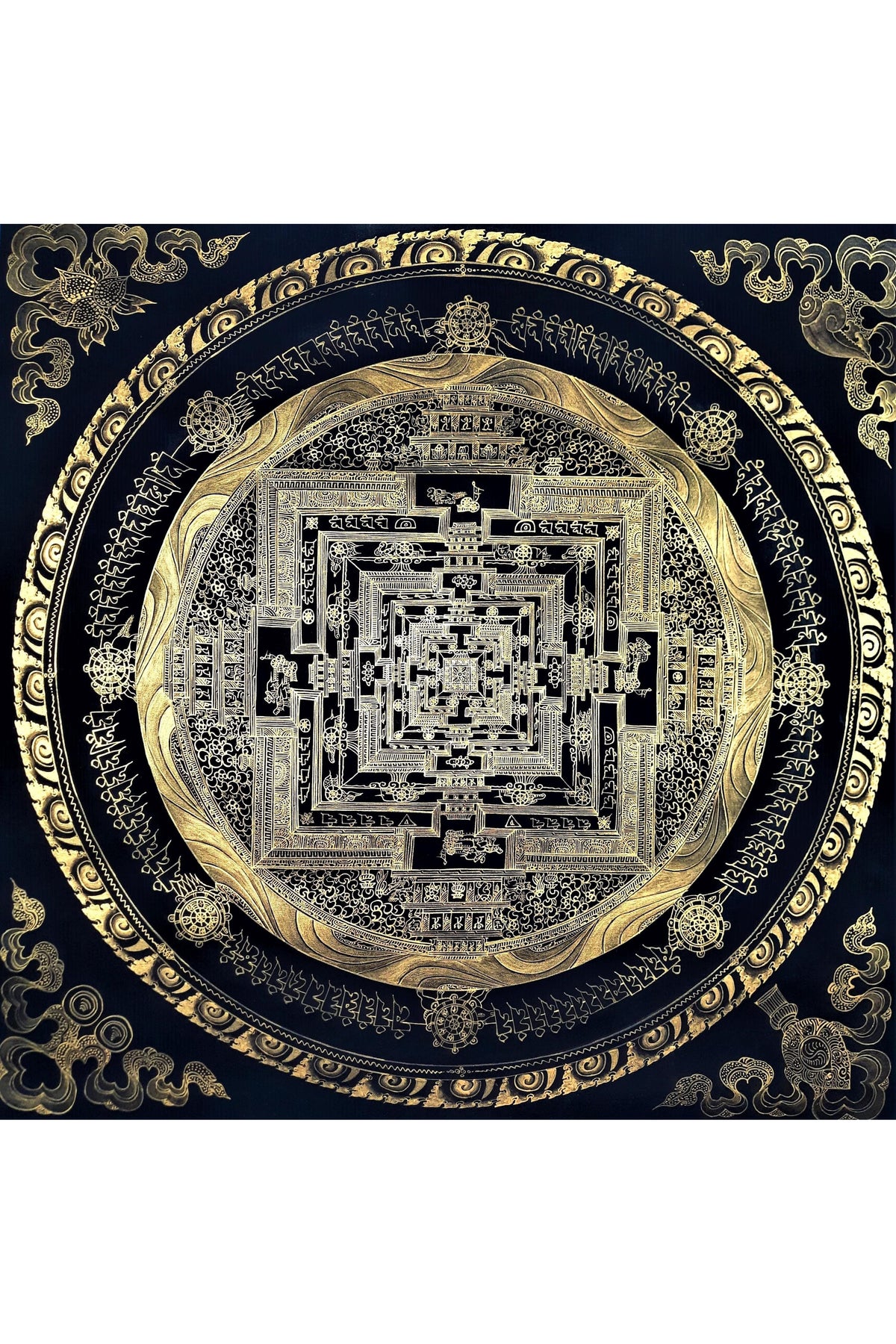 Hand-Painted Black and Gold Kalachakra Mandala Thangka | Tibetan Art