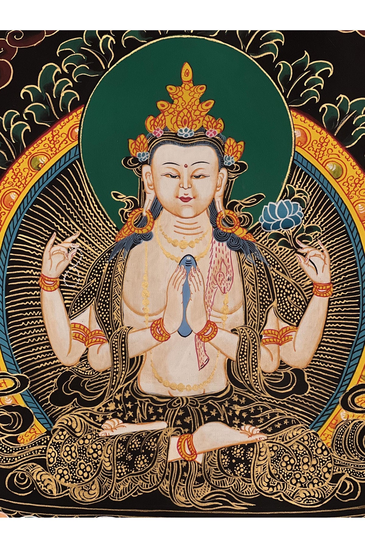Hand-Painted Chenrezig Thangka Painting with Silk Brocade