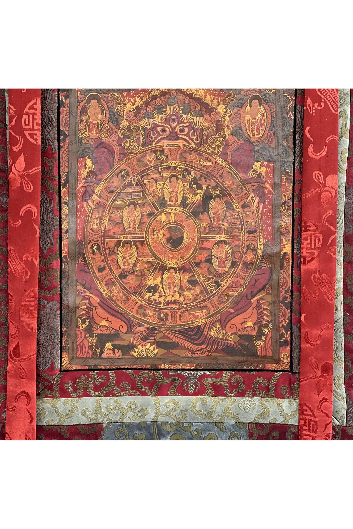 Hand-Painted Wheel of Life Thangka: Mandala Painting with Silk Brocade