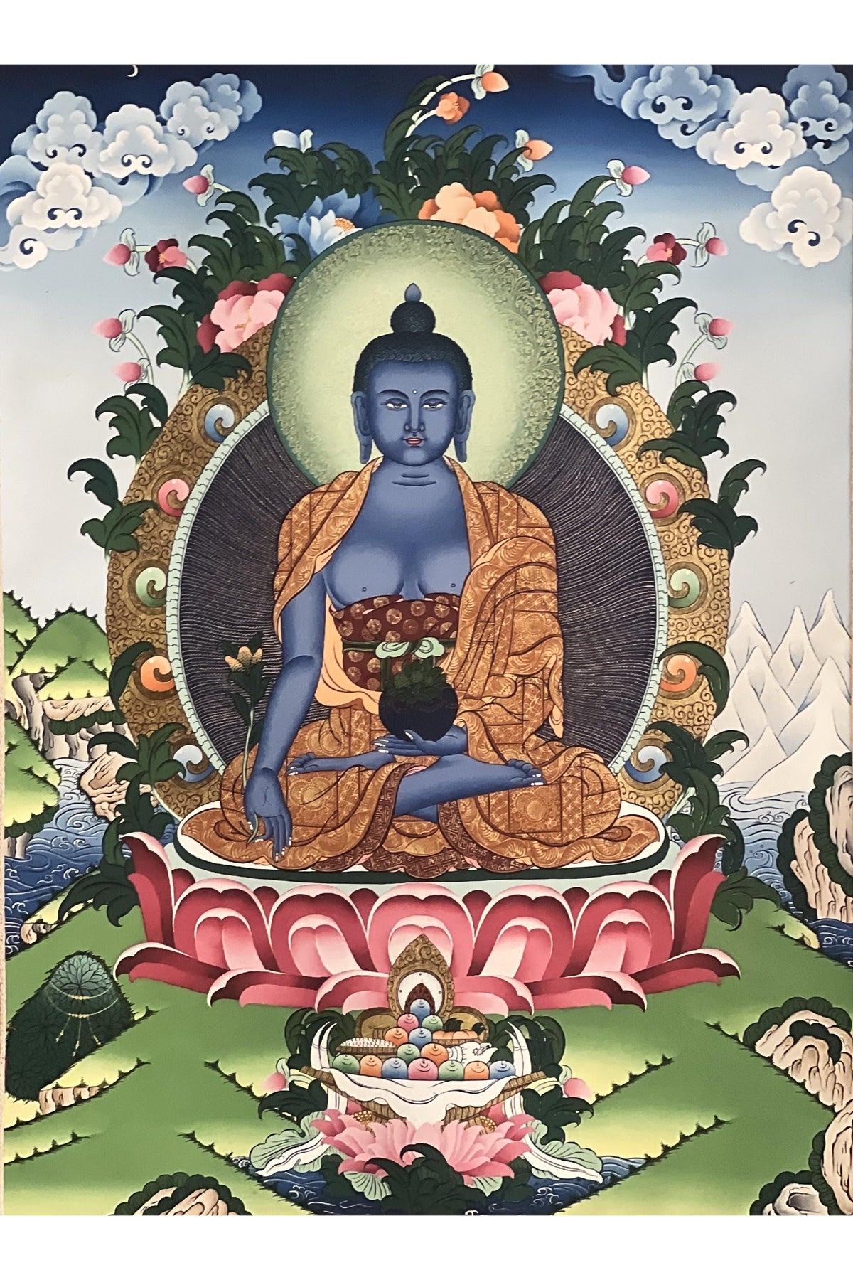 Medicine Buddha Thangka Giclée Print – Tibetan Art with Silk Brocade