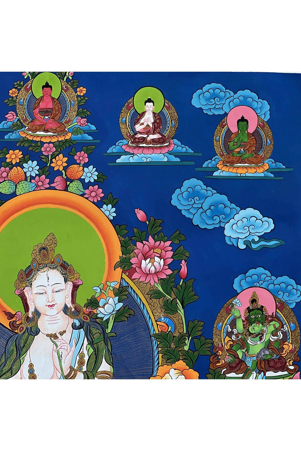 Large White Tara Thangka with Pancha Buddhas | Hand-Painted Tibetan Compassion Goddess Art