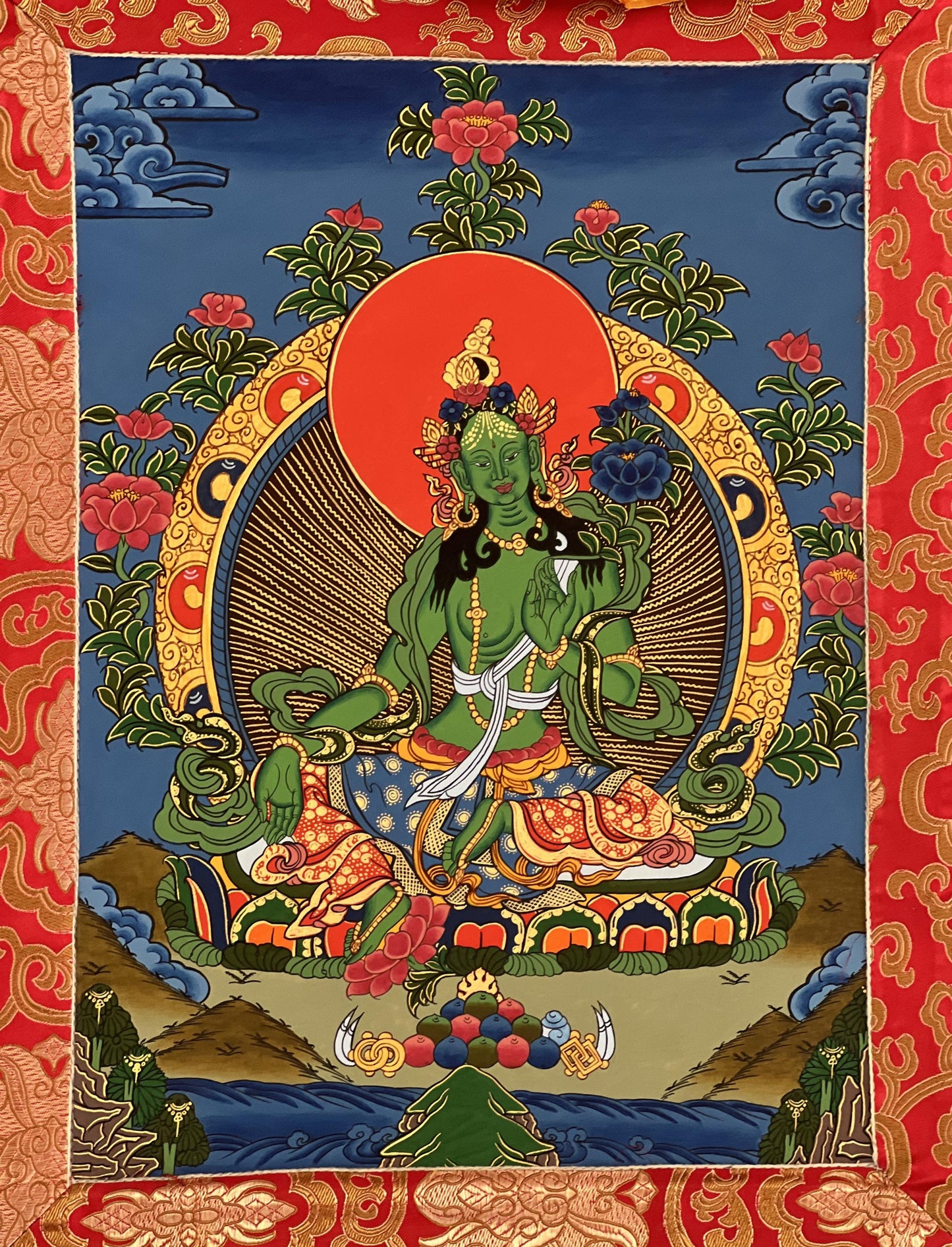 Hand-Painted Green Tara Thangka with Traditional Silk Brocade