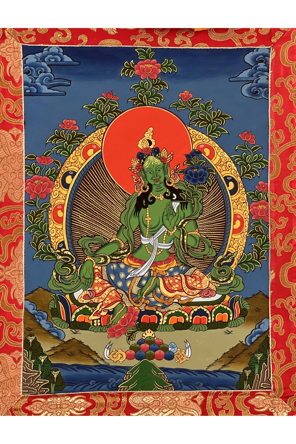 Hand-Painted Green Tara Thangka with Traditional Silk Brocade