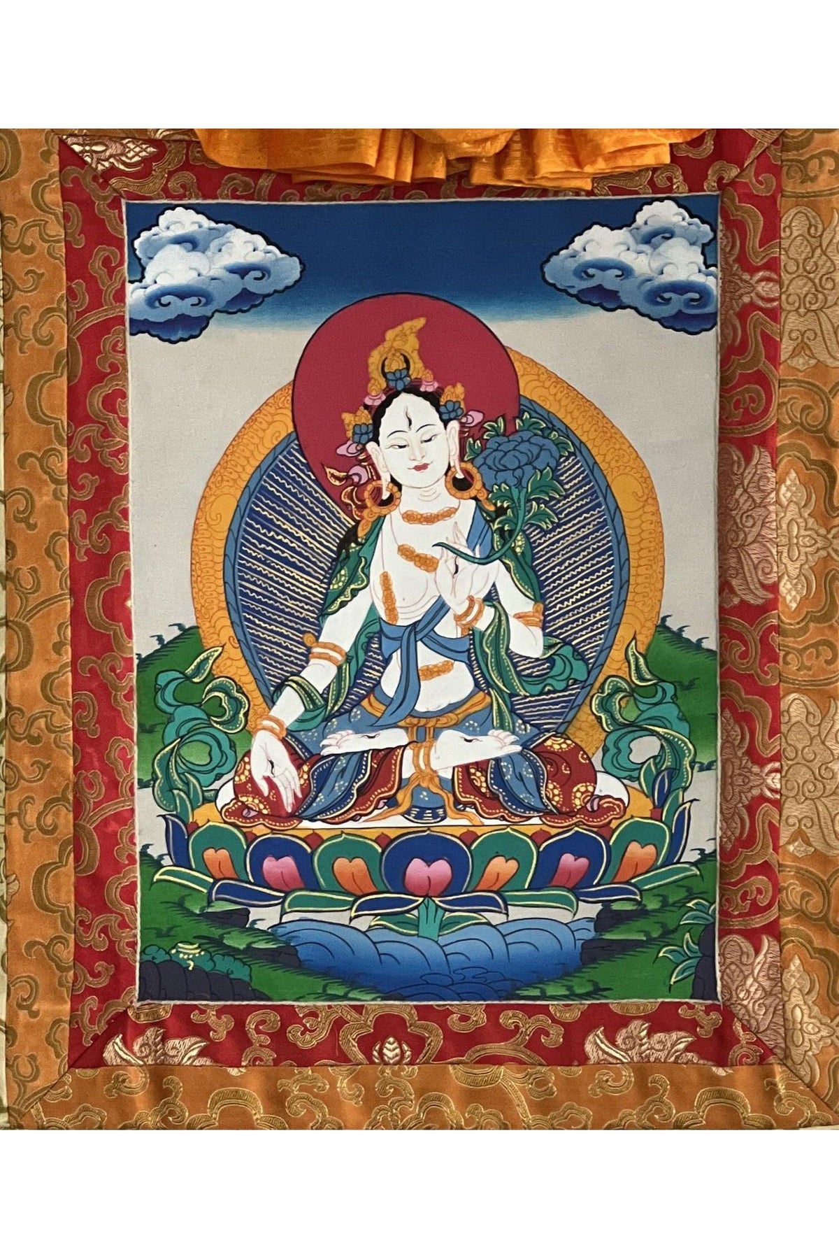 Hand-Painted White Tara Thangka: Mother Goddess, Tibetan Wall Hanging