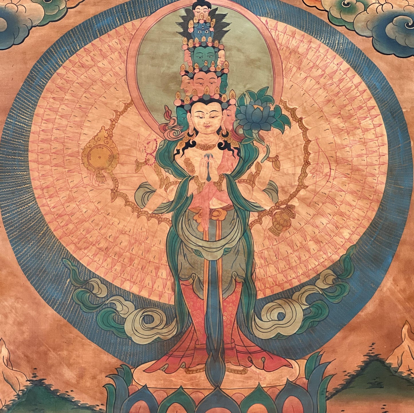 Thousand-Armed Avalokiteshvara Thangka | Hand-Painted Chenrezig Compassion Art with Silk Brocade