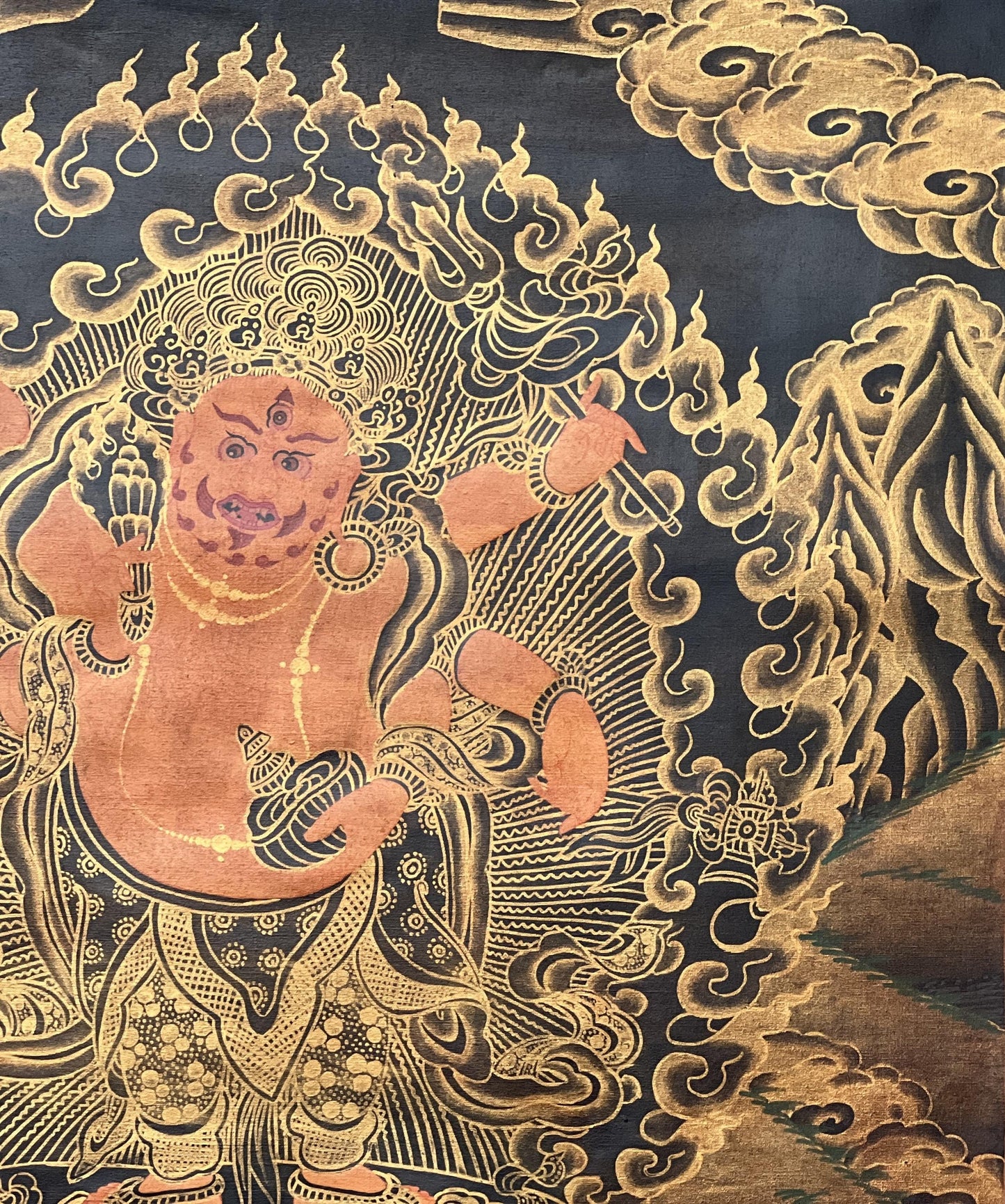 Hand-Painted White Mahakala Thangka with Silk Brocade - Six-Armed Wish-Granting Tibetan Protector Deity- Oil Varnished