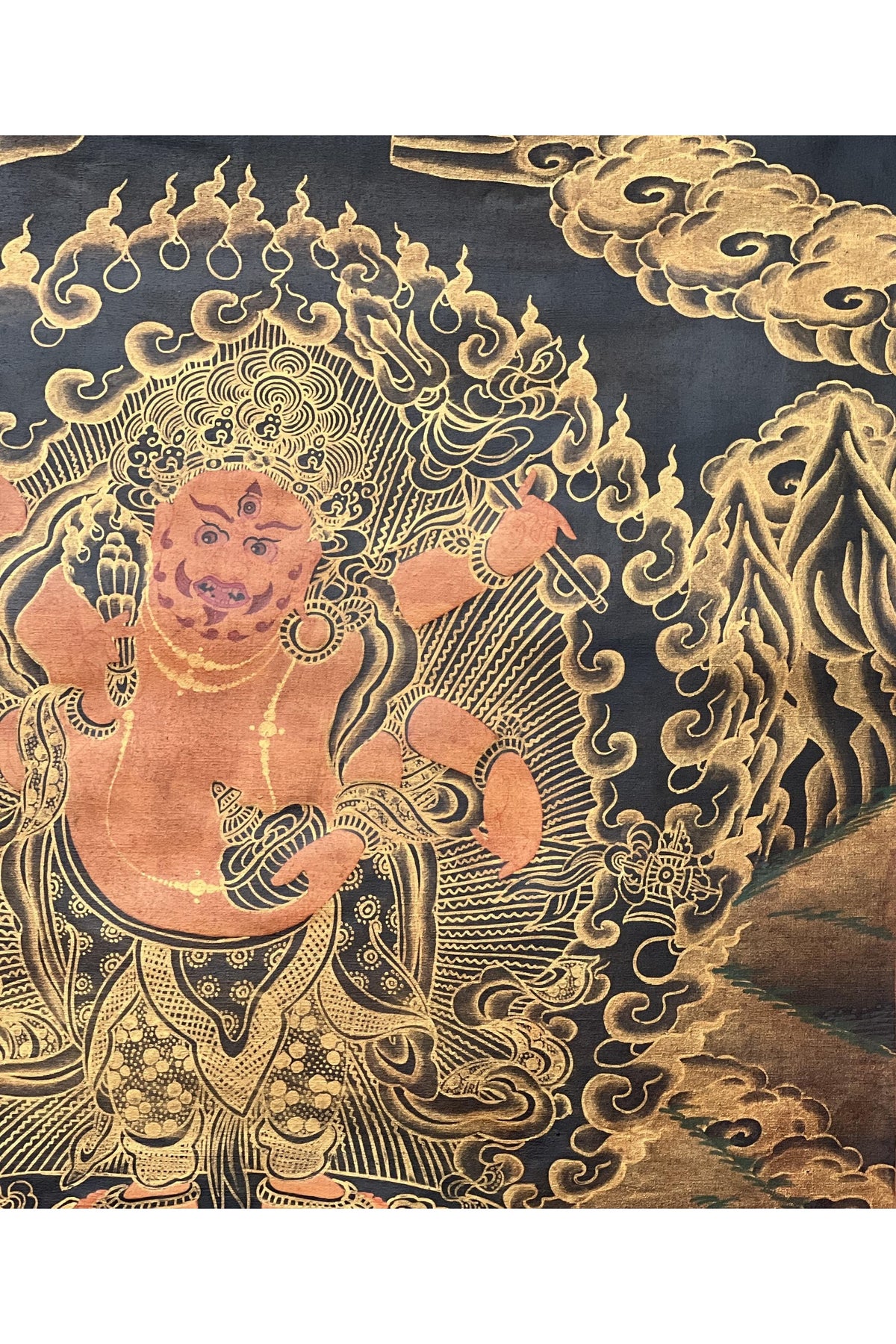 Hand-Painted White Mahakala Thangka with Silk Brocade - Six-Armed Wish-Granting Tibetan Protector Deity- Oil Varnished
