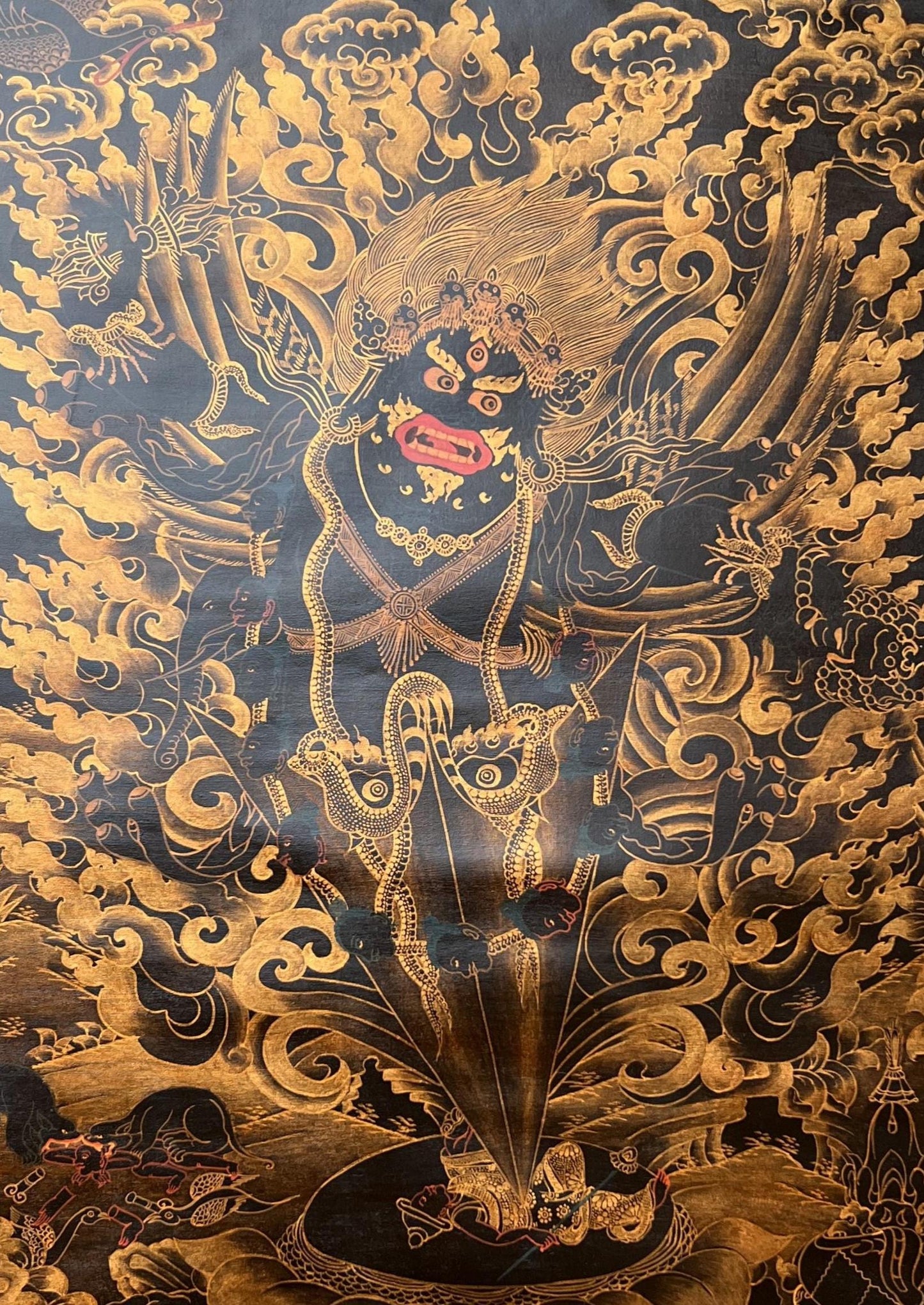 Guru Dragpo Thangka | Hand-Painted Wrathful Padmasambhava | Oil Varnished Painting with Silk Brocade