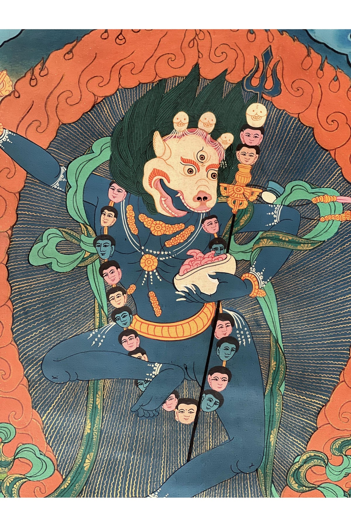 Hand-Painted Simhamukhi Thangka Painting with Silk Border, Tibetan Buddhist Art