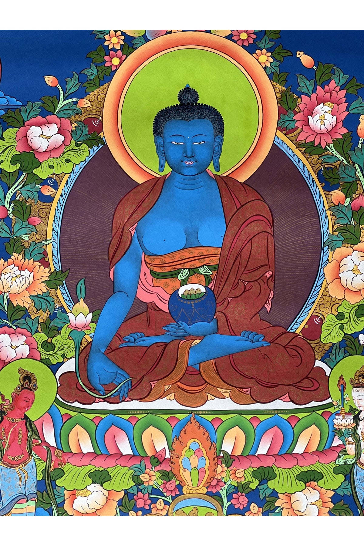 Large Hand-Painted Eight Medicine Buddha Thangka | Tibetan Art | Spiritual Home Decor | Unique Wall Hanging