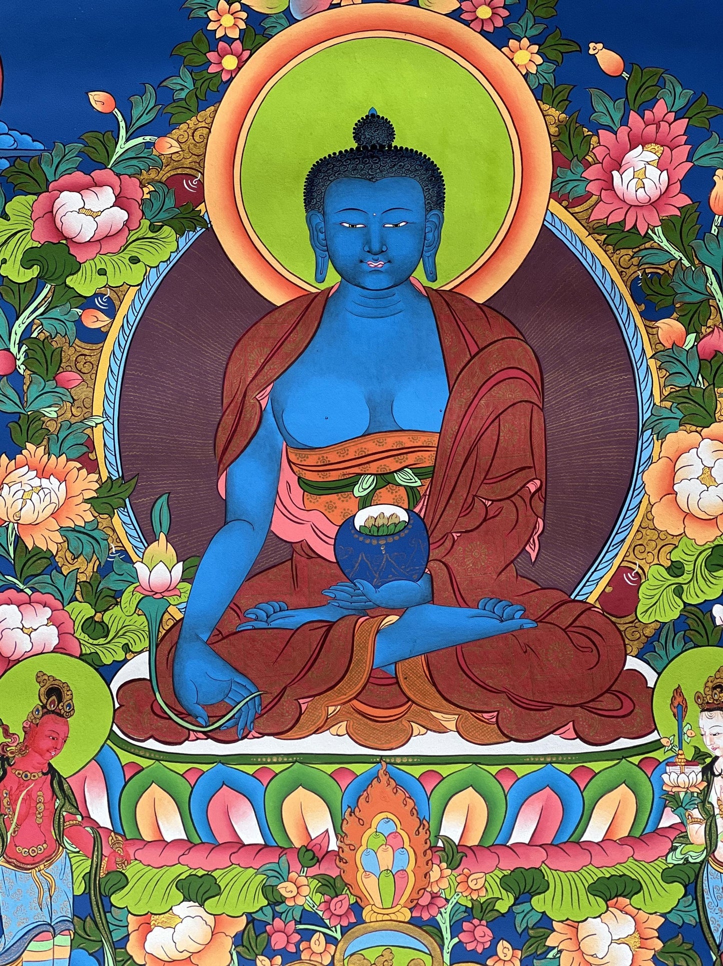 Large Hand-Painted Eight Medicine Buddha Thangka | Tibetan Art | Spiritual Home Decor | Unique Wall Hanging