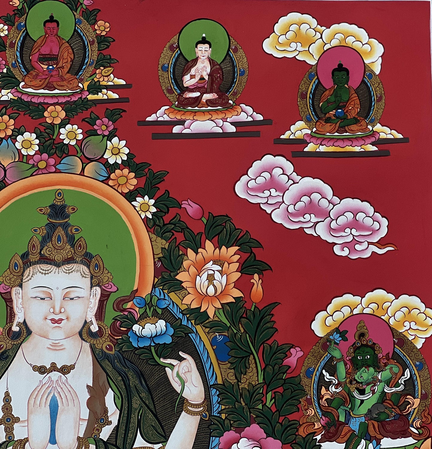 Hand-Painted Four-Armed Chenrezig Thangka with Pancha Buddhas - LARGE Tibetan Compassion Buddha Art