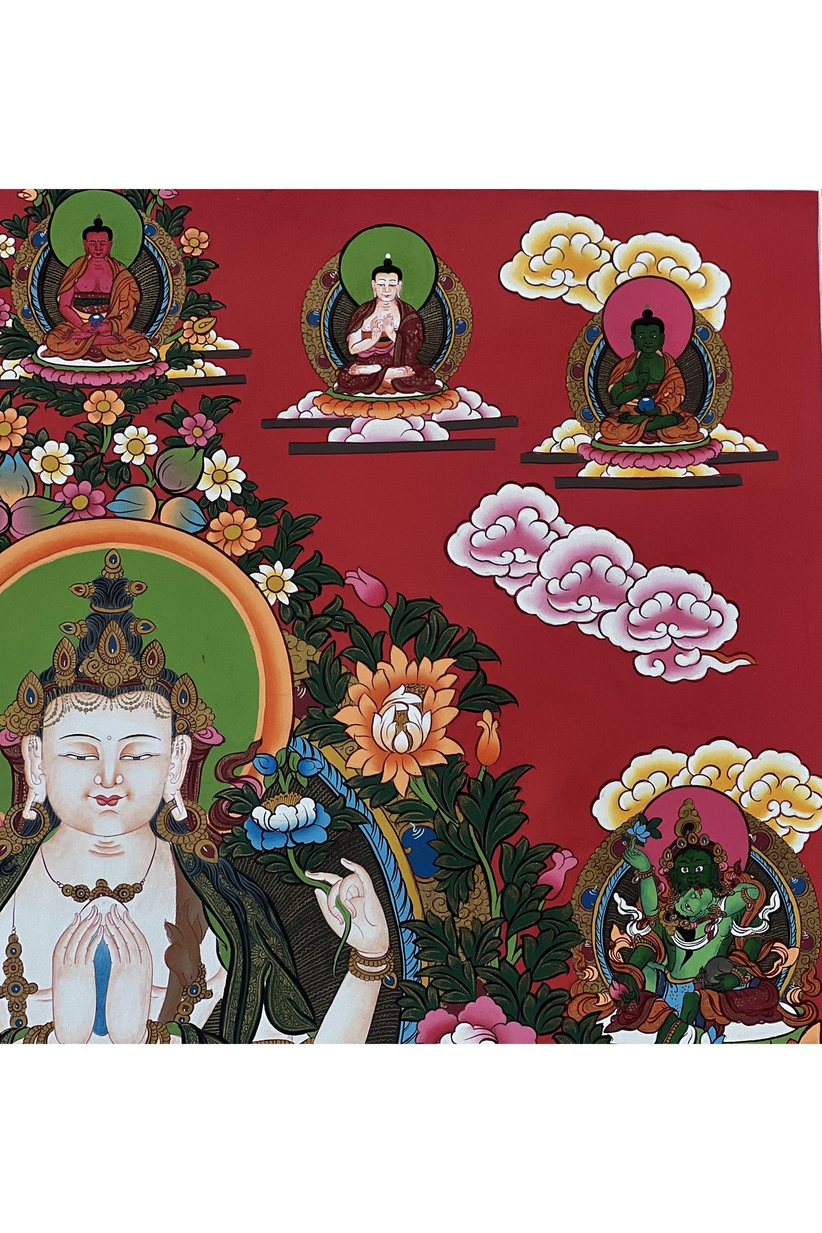 Hand-Painted Four-Armed Chenrezig Thangka with Pancha Buddhas - LARGE Tibetan Compassion Buddha Art