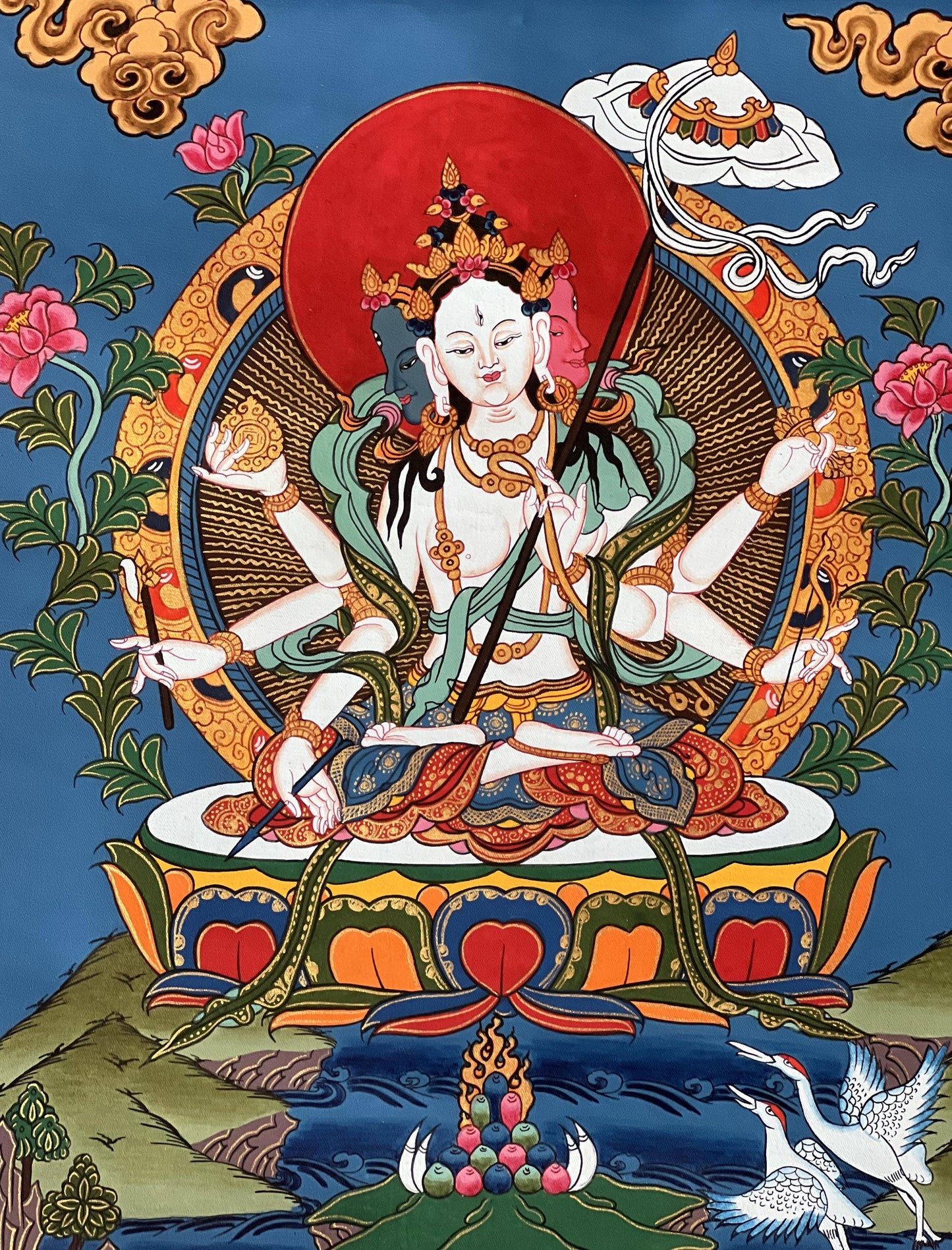 Hand-Painted Sitatapatra Thangka Painting with Silk Brocade
