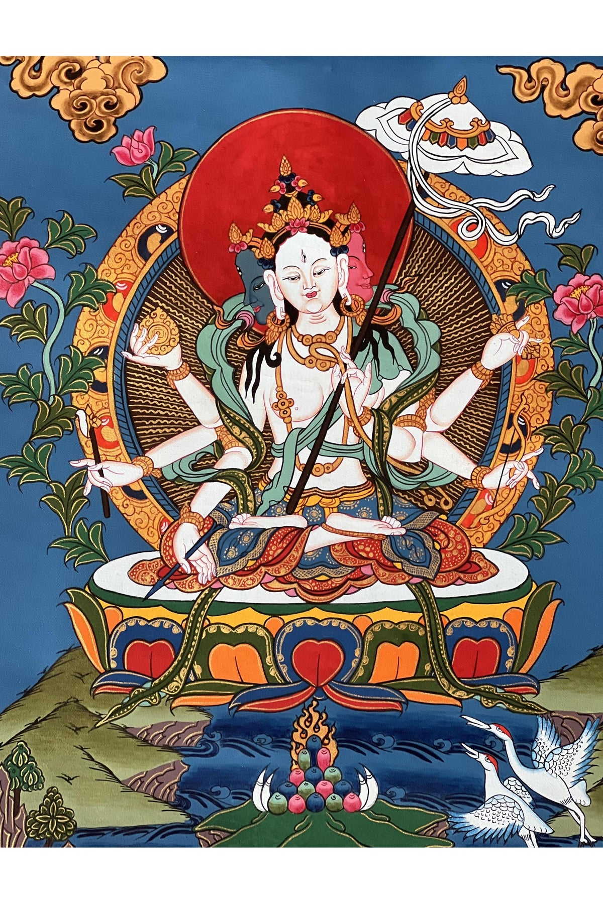Hand-Painted Sitatapatra Thangka Painting with Silk Brocade
