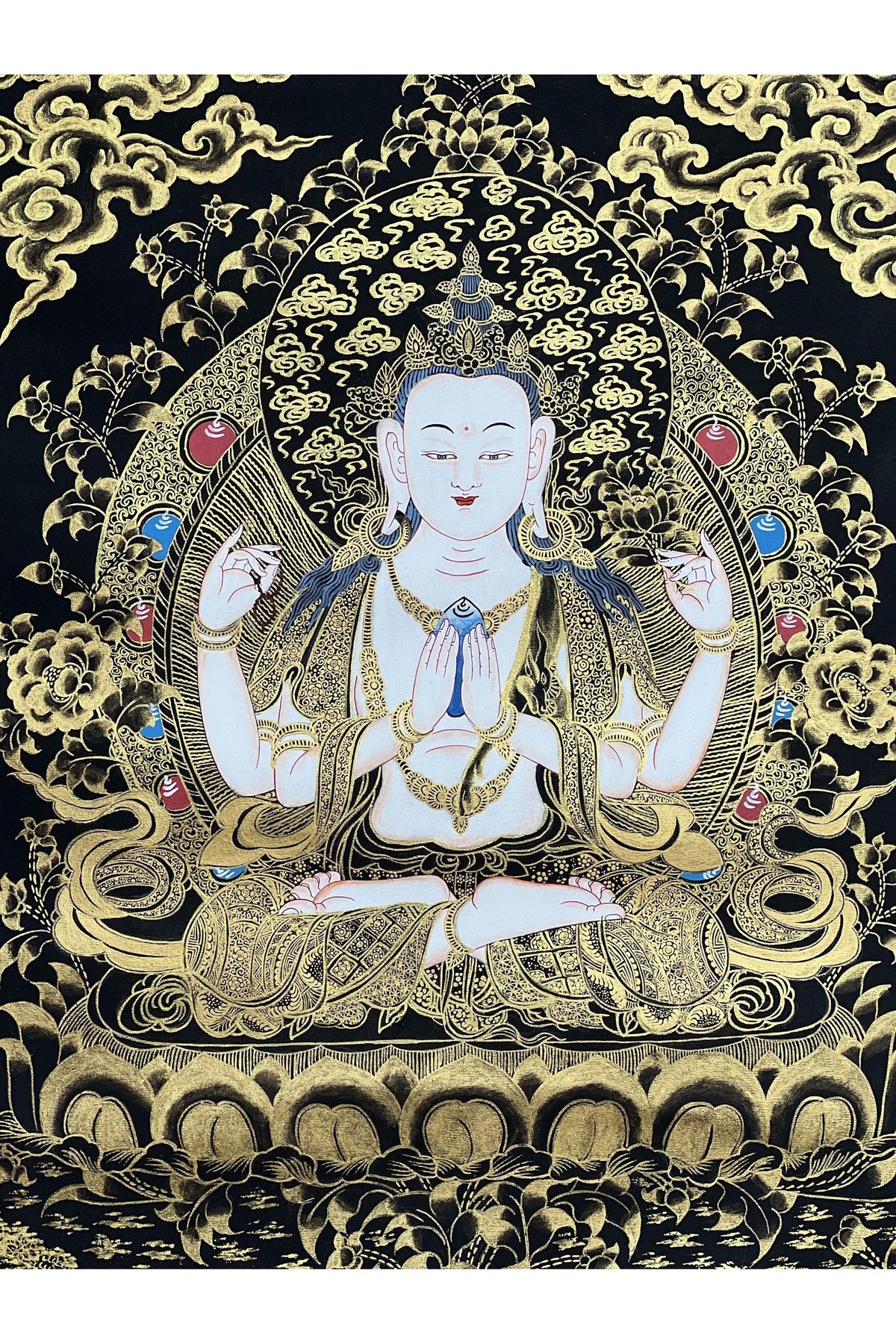 Chenrezig Black & Gold Thangka | Hand-Painted Avalokiteshvara Tibetan Art with Silk Brocade