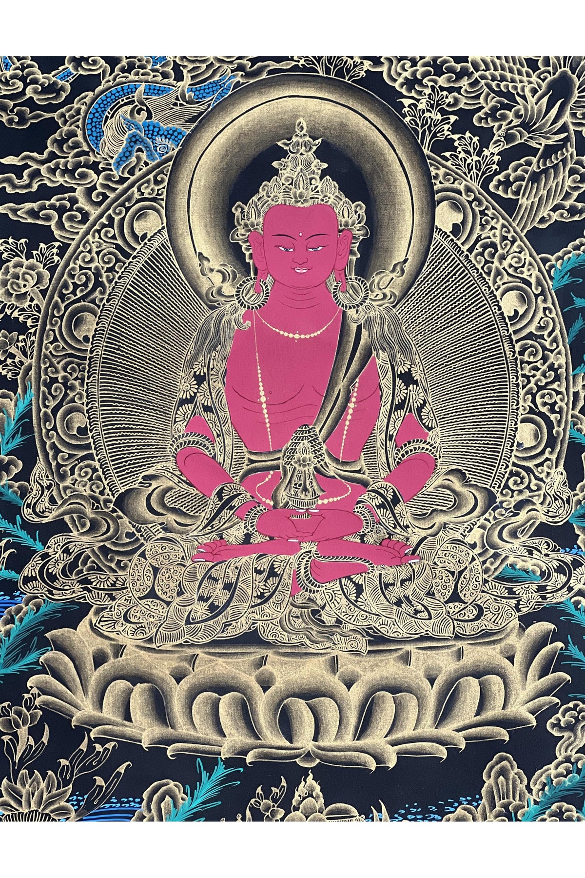 Hand-Painted Buddha Amitayus Thangka with Silk Brocade