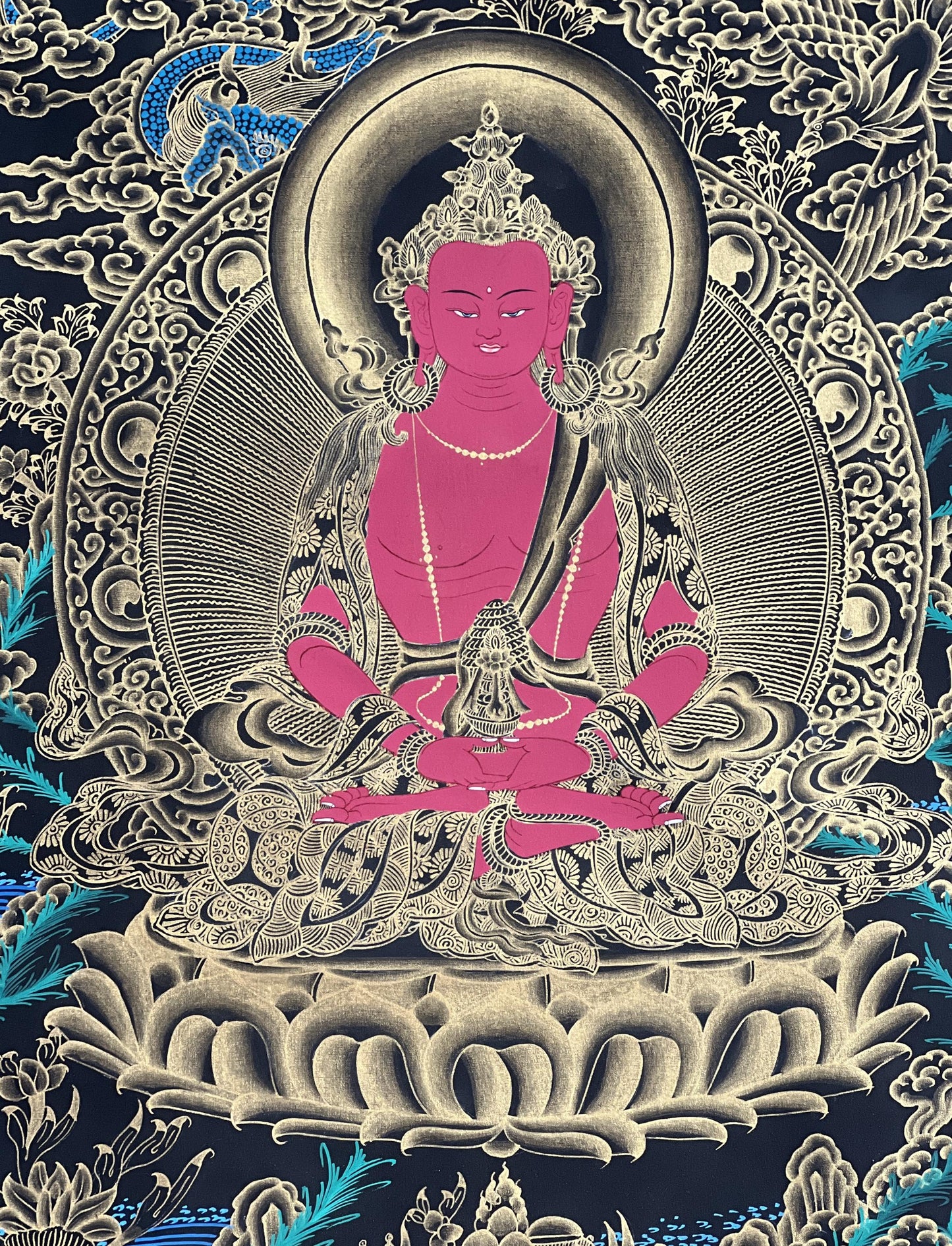 Hand-Painted Buddha Amitayus Thangka with Silk Brocade
