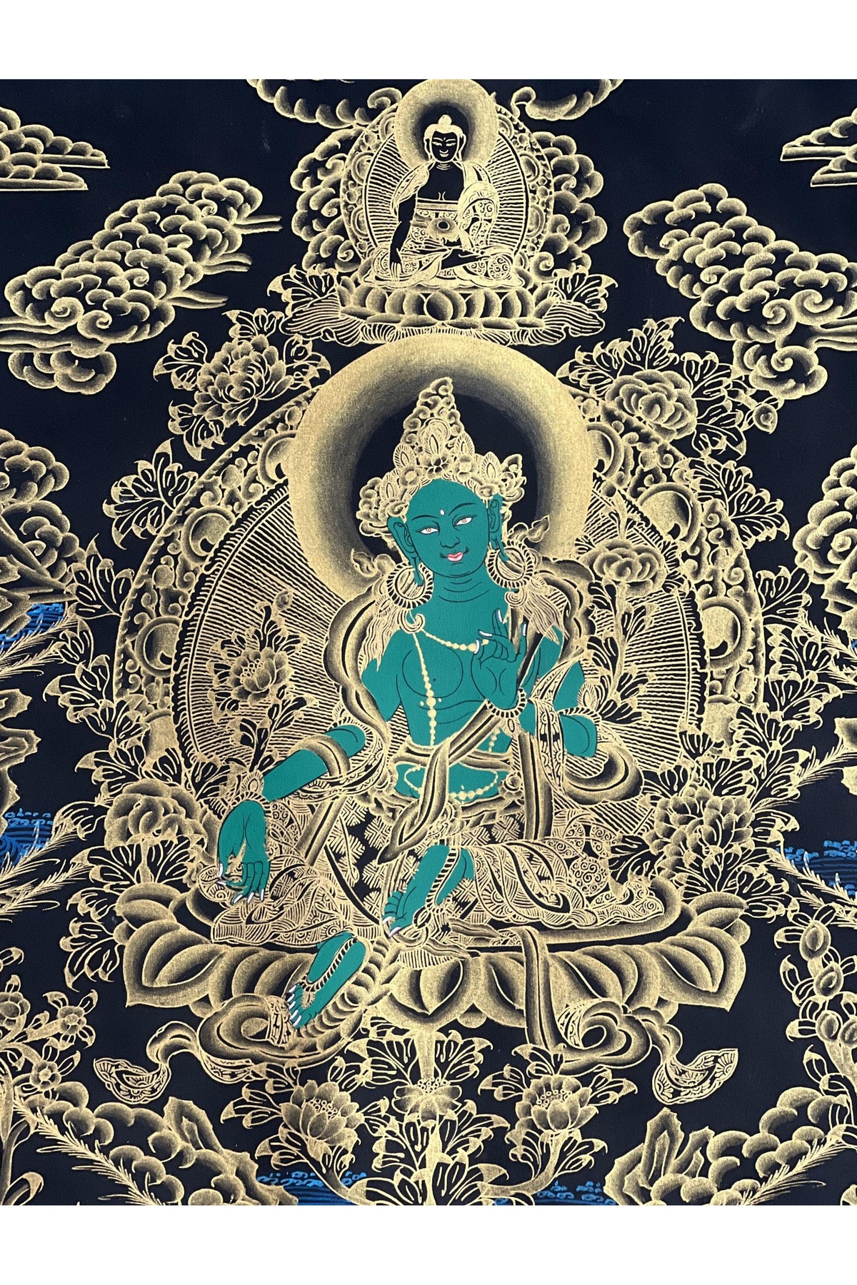 Green Tara Thangka Painting: Hand-Painted Tibetan Silk Brocade